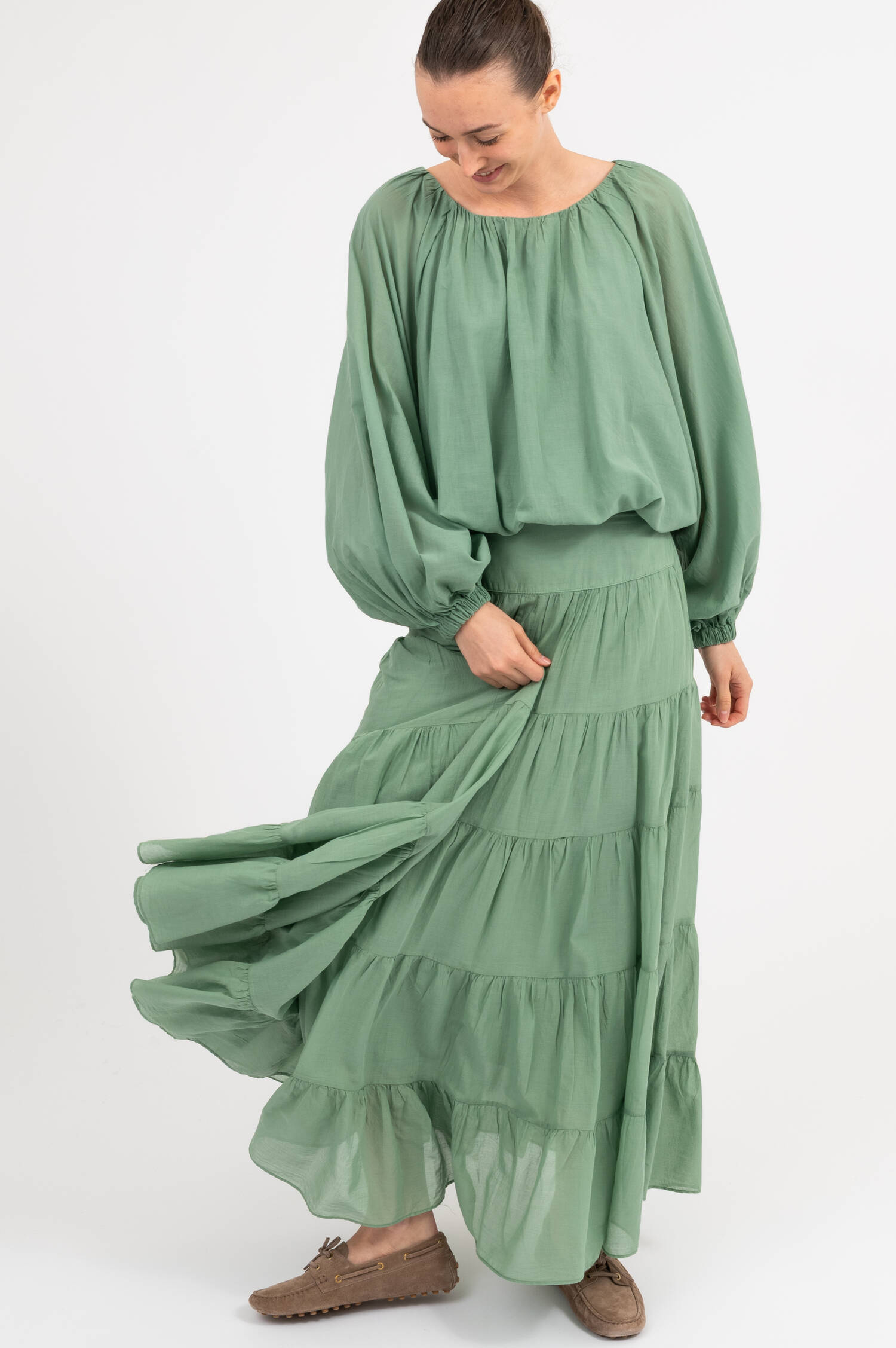 Stufenschlupfrock in Salbeigrün Stufenschlupfrock in Salbeigrün