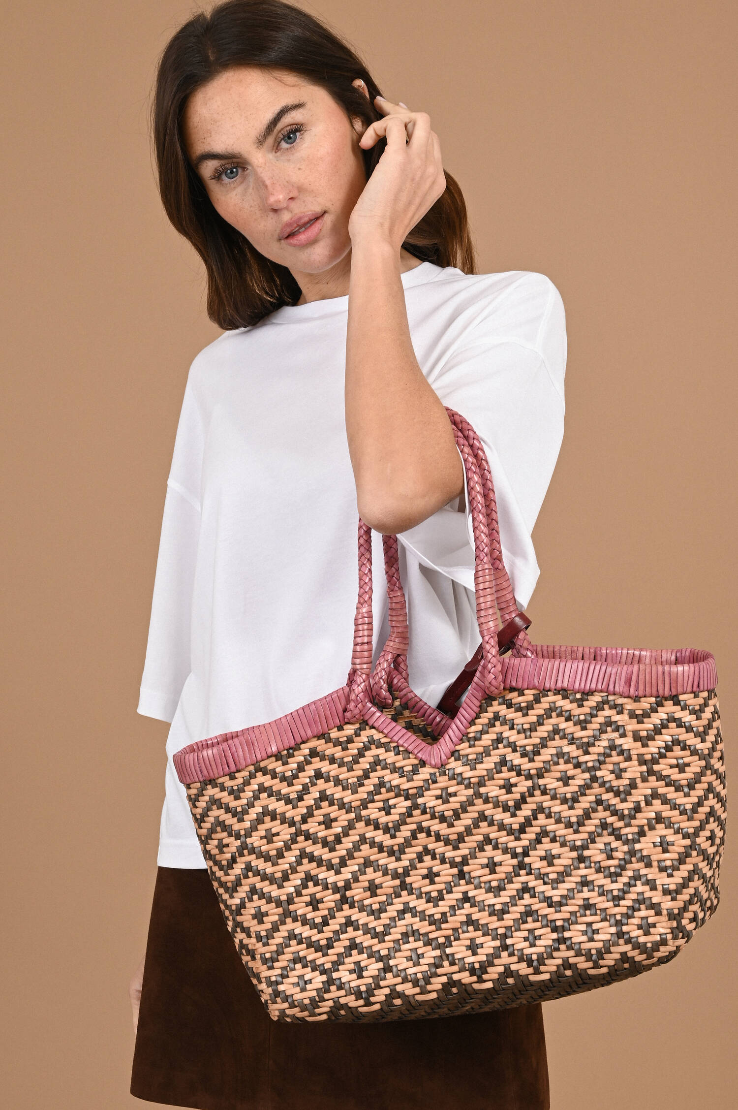 Leder Tote CRUDELIA FLOWER in Pink/Natur/Olive