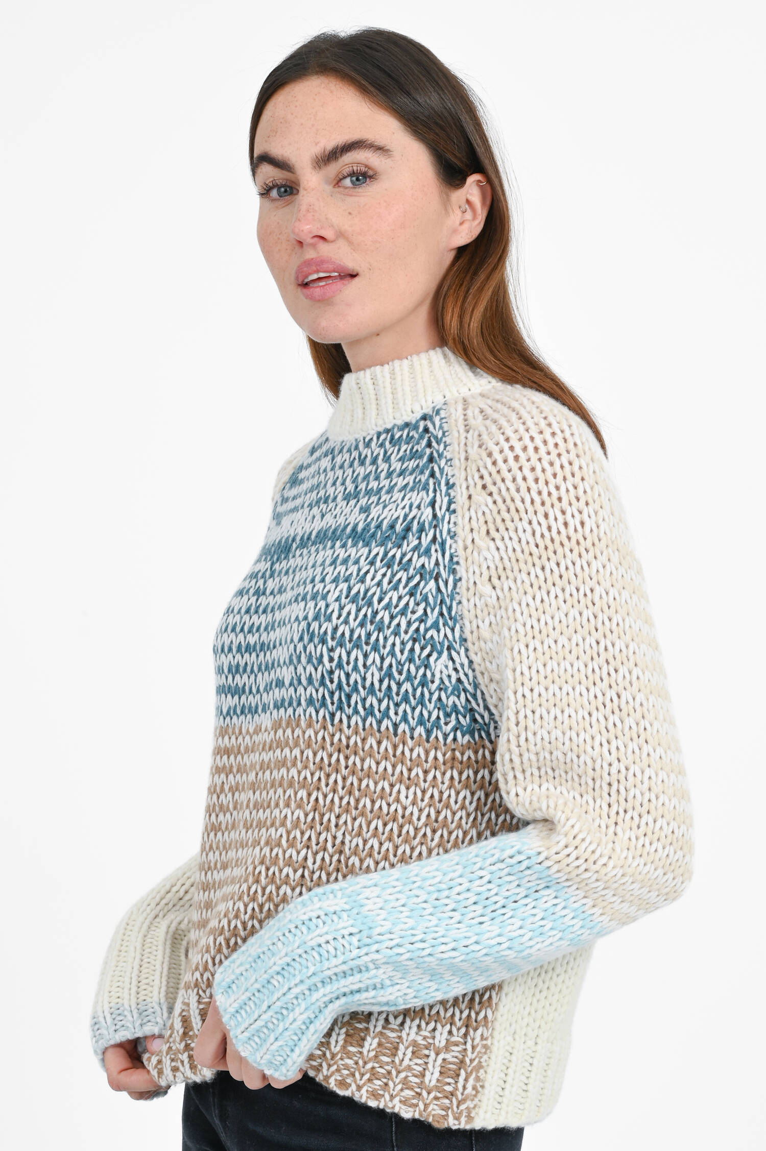 Cashmere-Strickpullover in Türkis/Creme/Braun