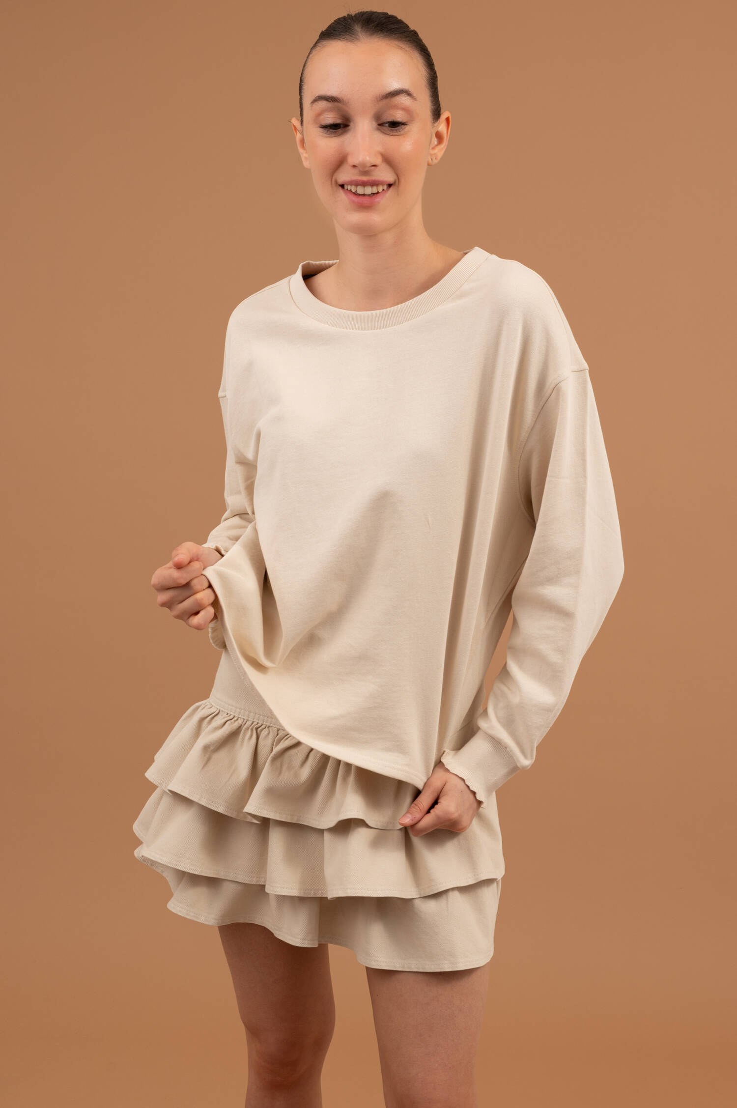 Denimrock mit Volants in Beige