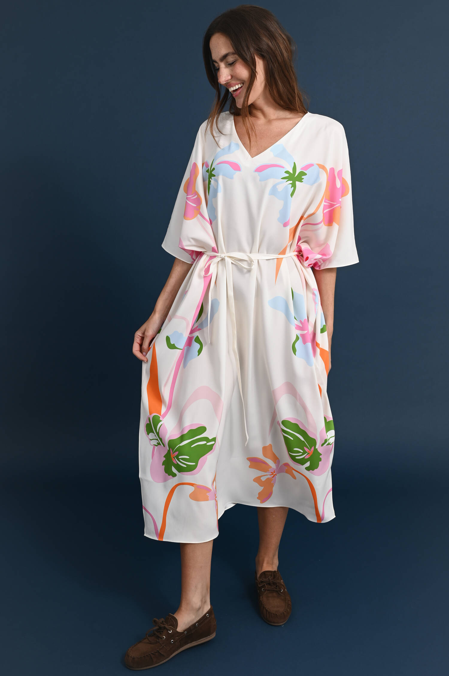 Seidenschlupfkleid in Floral Papaya gemustert