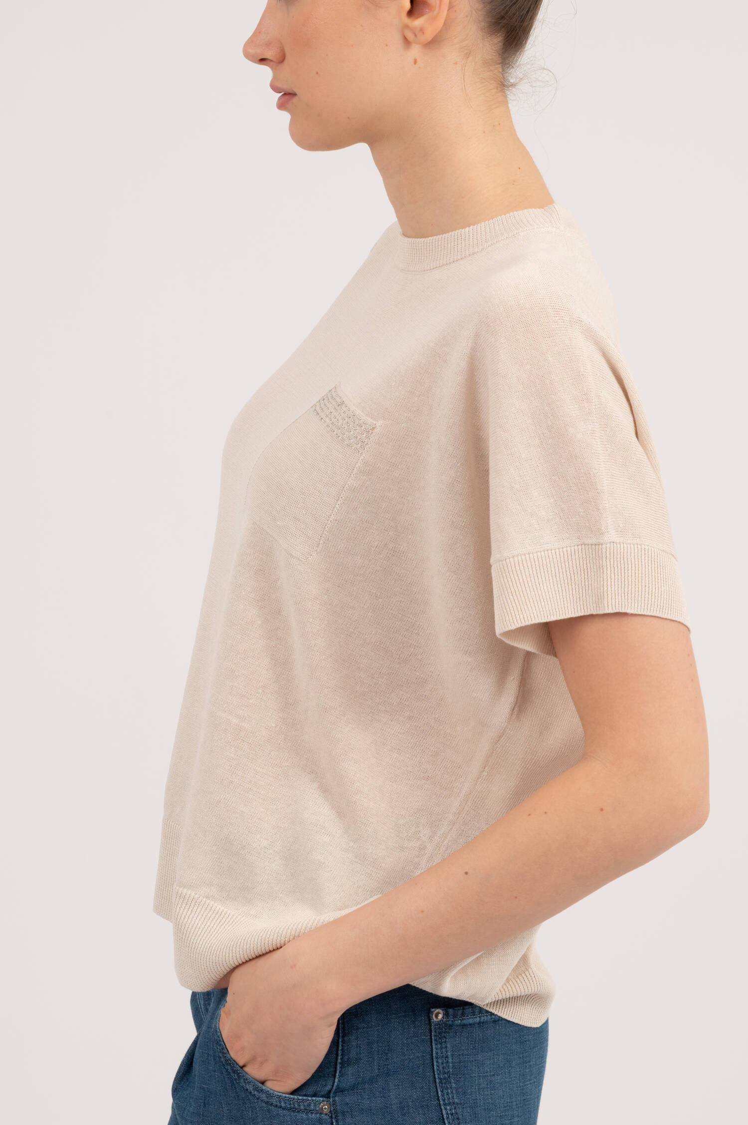 Leinenmix Kurzarm Pullover in Beige