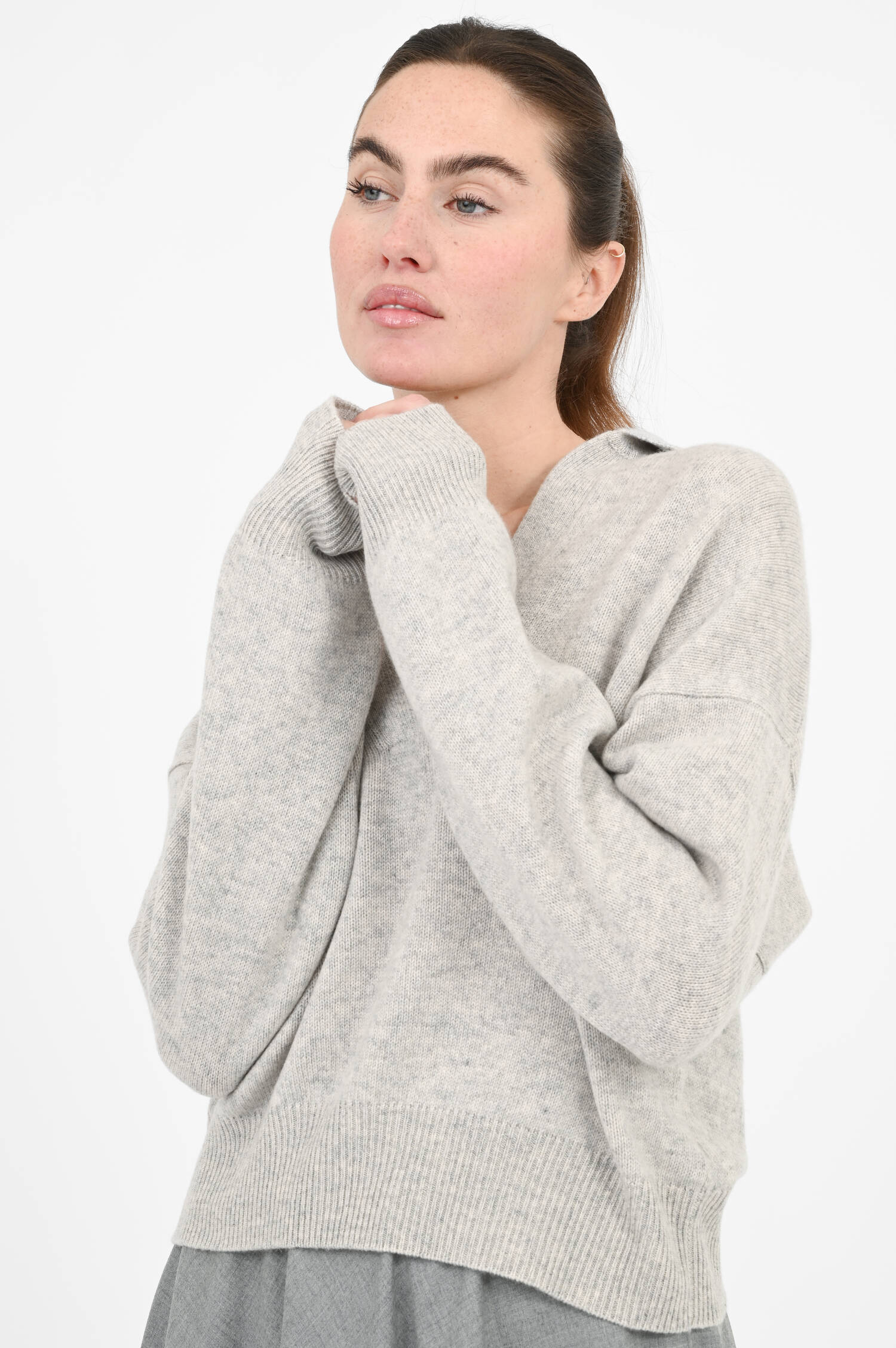 Cashmere-Pullover mit Hemdkragen Grau meliert