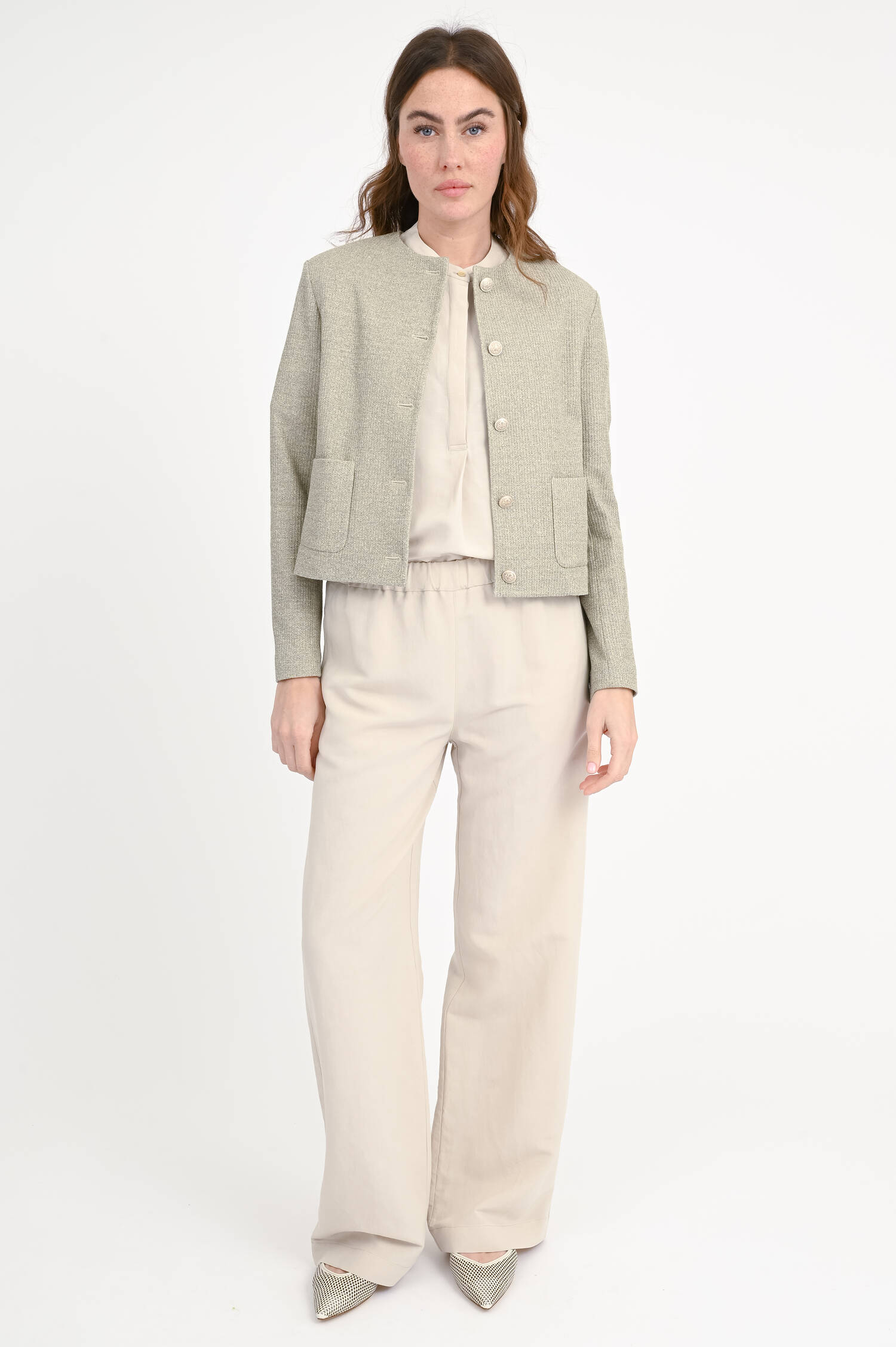 Jacke mit Rundhalsausschnitt in Khaki meliert