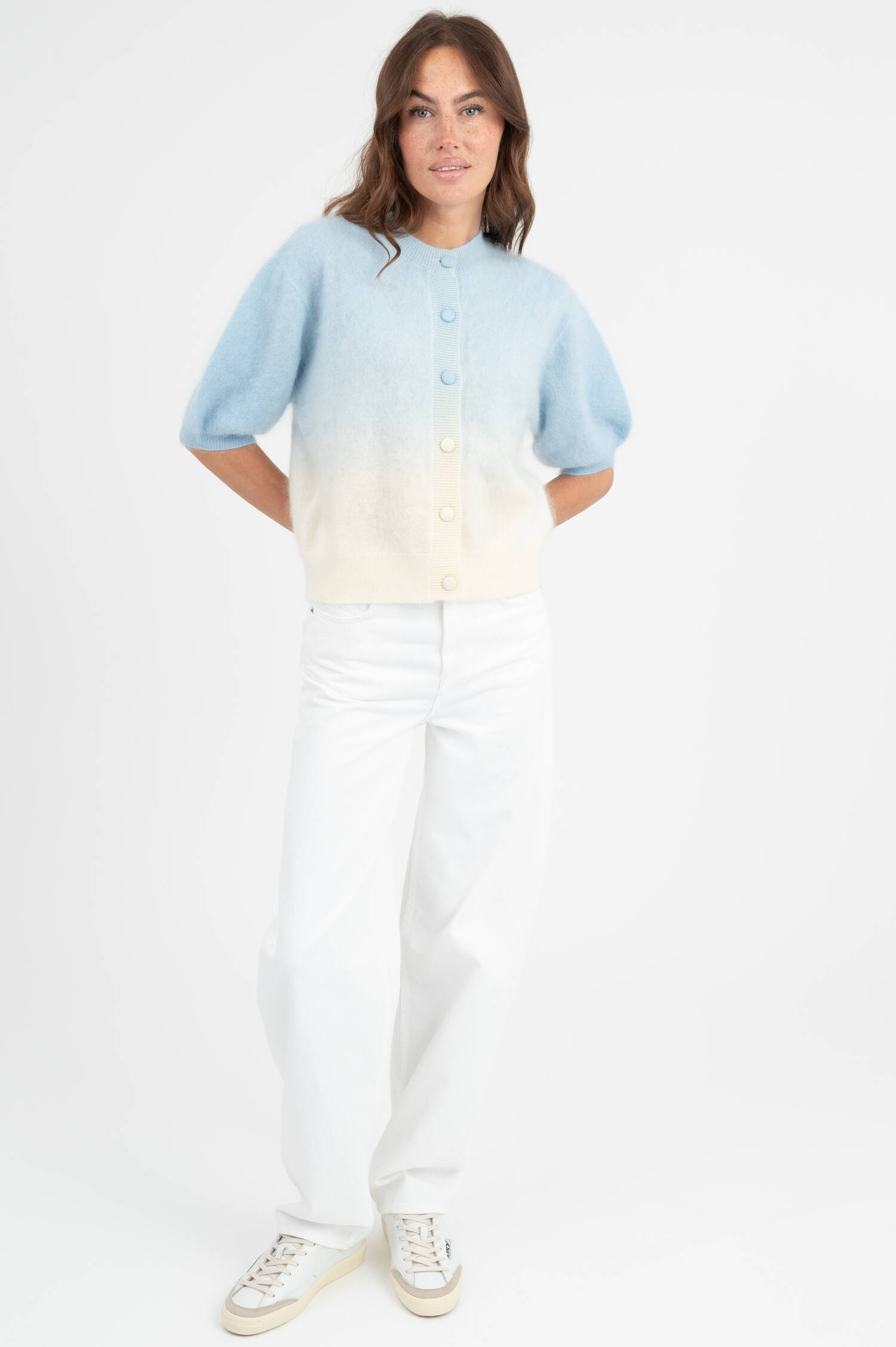 Cashmere-Wolle Cardigan in Blau/Weiß