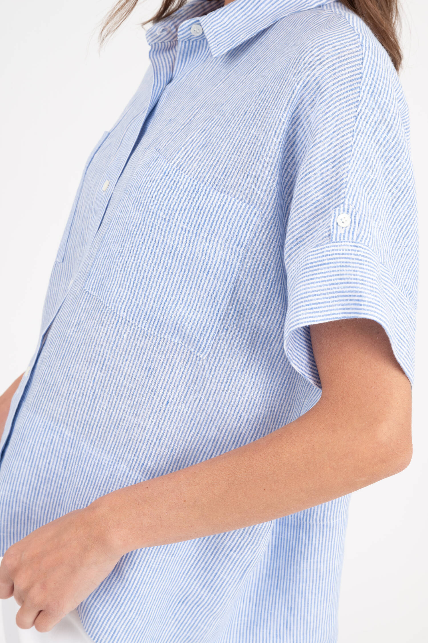 Oversize Leinenbluse in Blau/Weiß gestreift