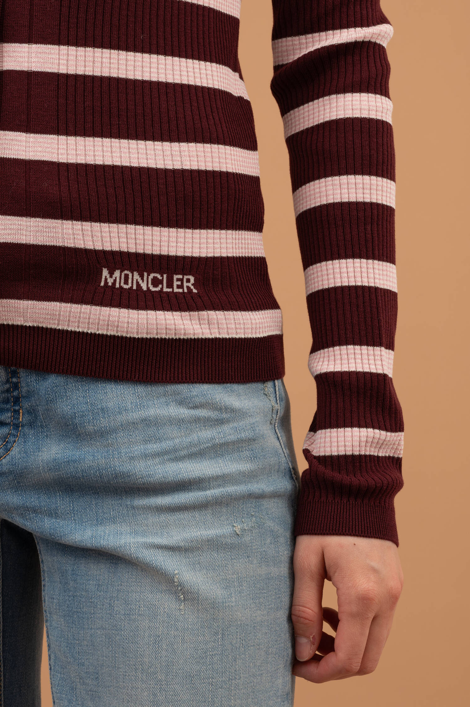 Rippstrick Polo in Burgund/Rosa/Weiß gestreift