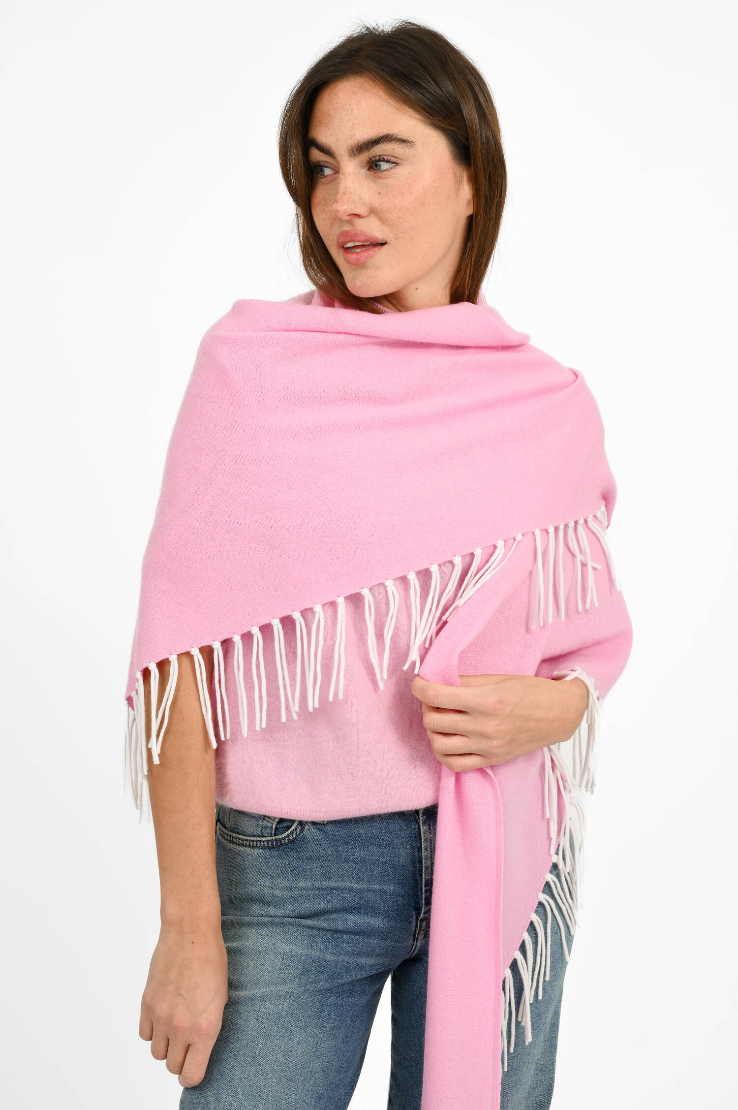 Dreieckstuch mit Fransen in Weiß/Pink