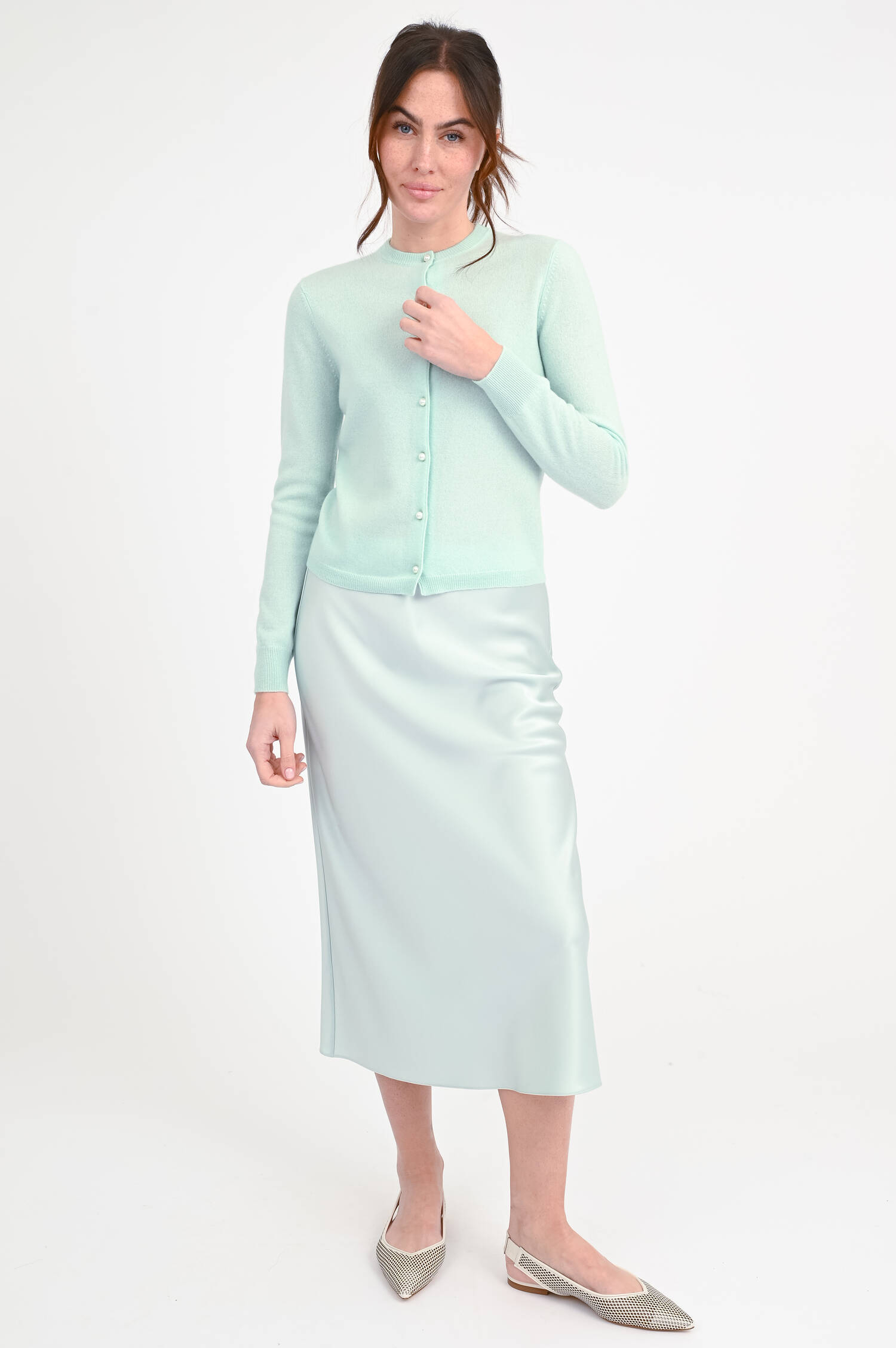 Cashmere-Cardigan mit Perlen in Mint