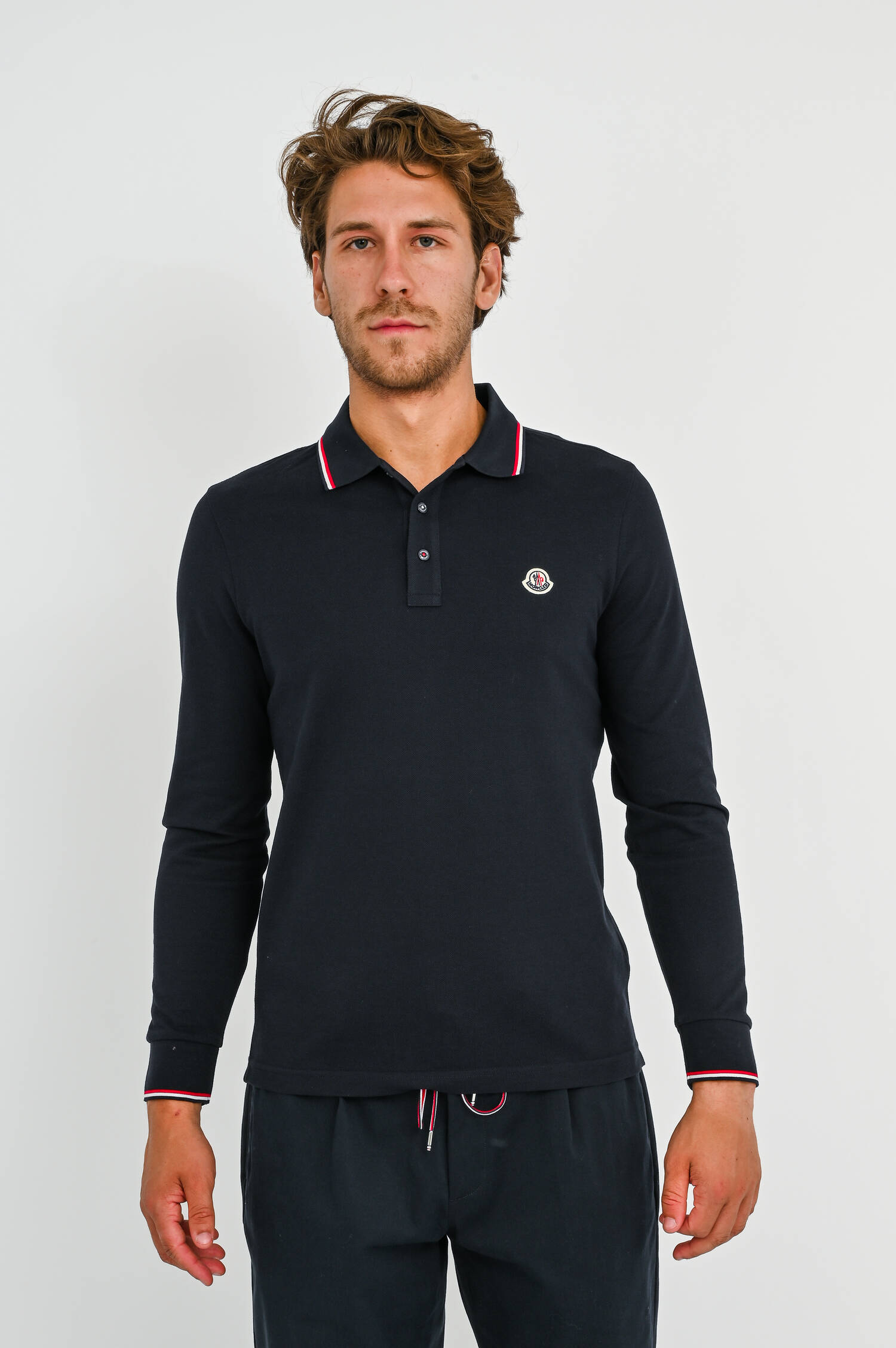 Langarm Poloshirt mit Kontrast-Streifen in Navy
