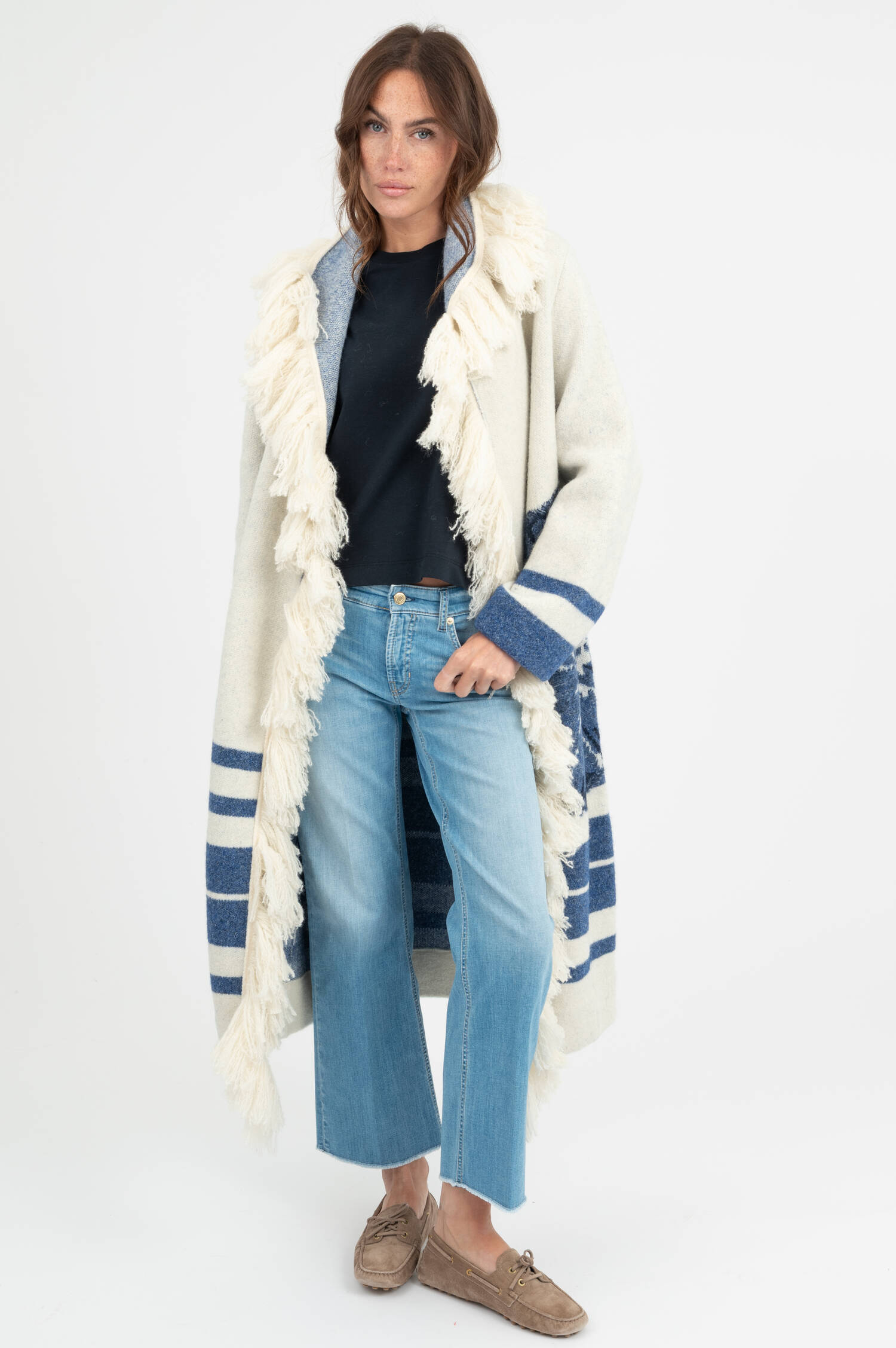 Woll-Mix Cardigan in Ecru/Blau