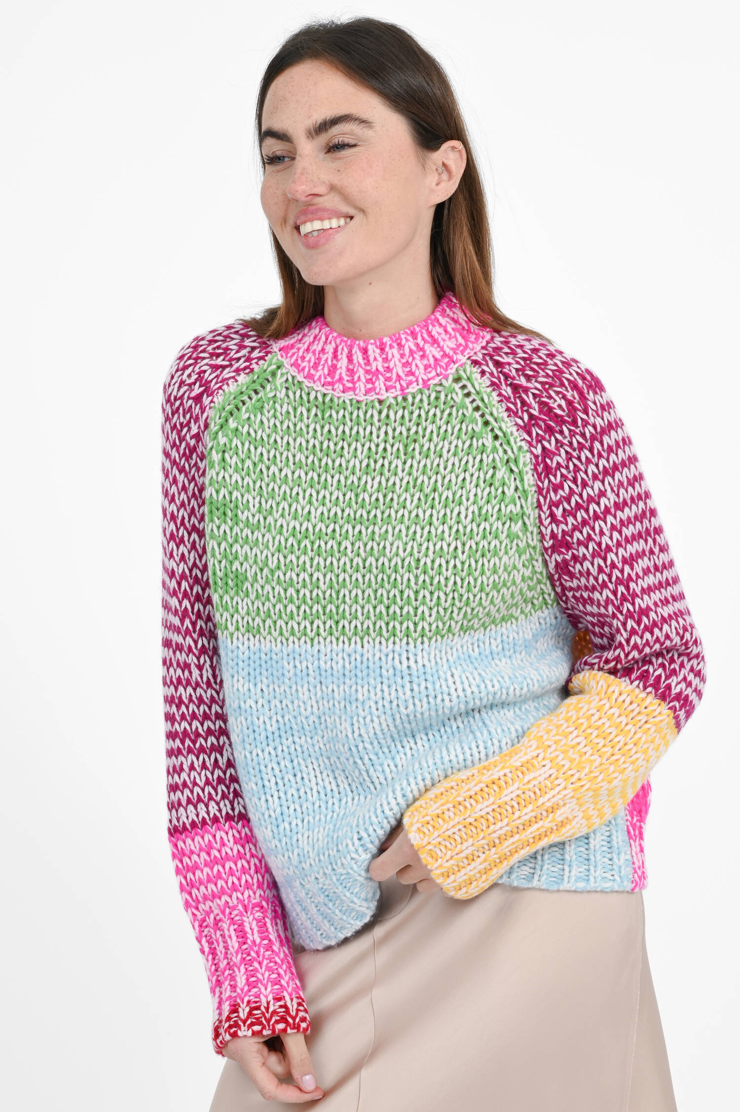 Cashmere-Strickpullover in Grün/Blau/Pink