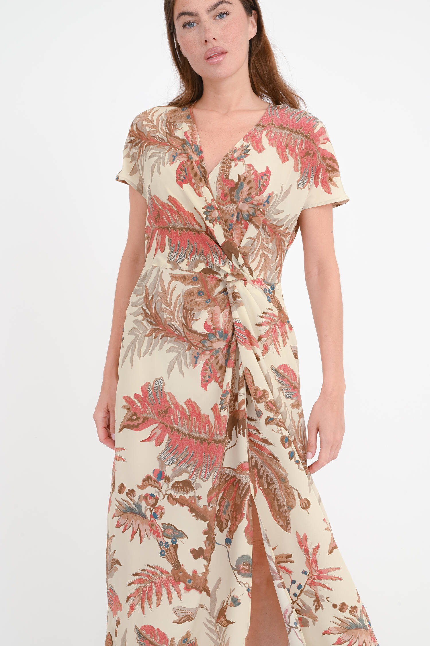 Midi-Seidenkleid AQUILA in Beige/Rot/Multicolor