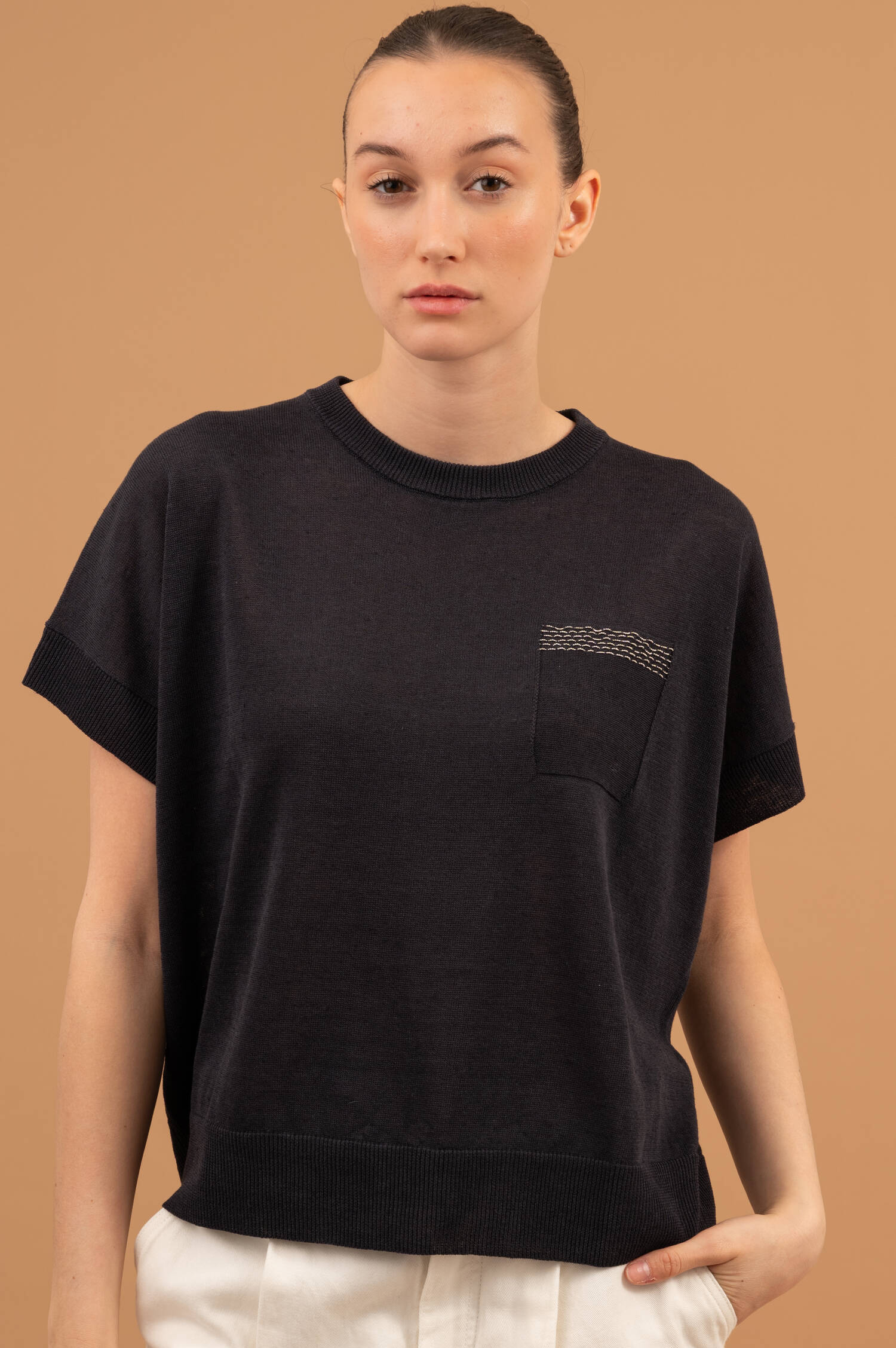 Leinenmix Kurzarm Pullover in Marineblau Leinenmix Kurzarm Pullover in Marineblau