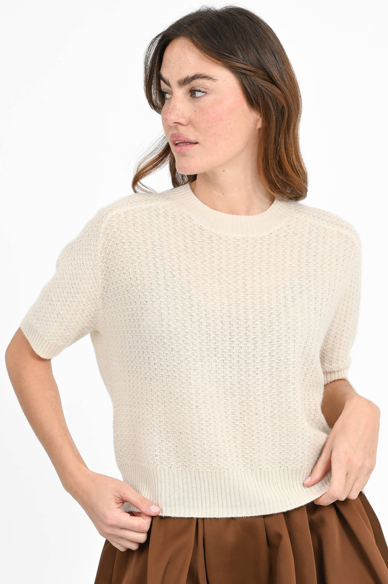 Kurzarm-Cashmere-Pullover in Creme
