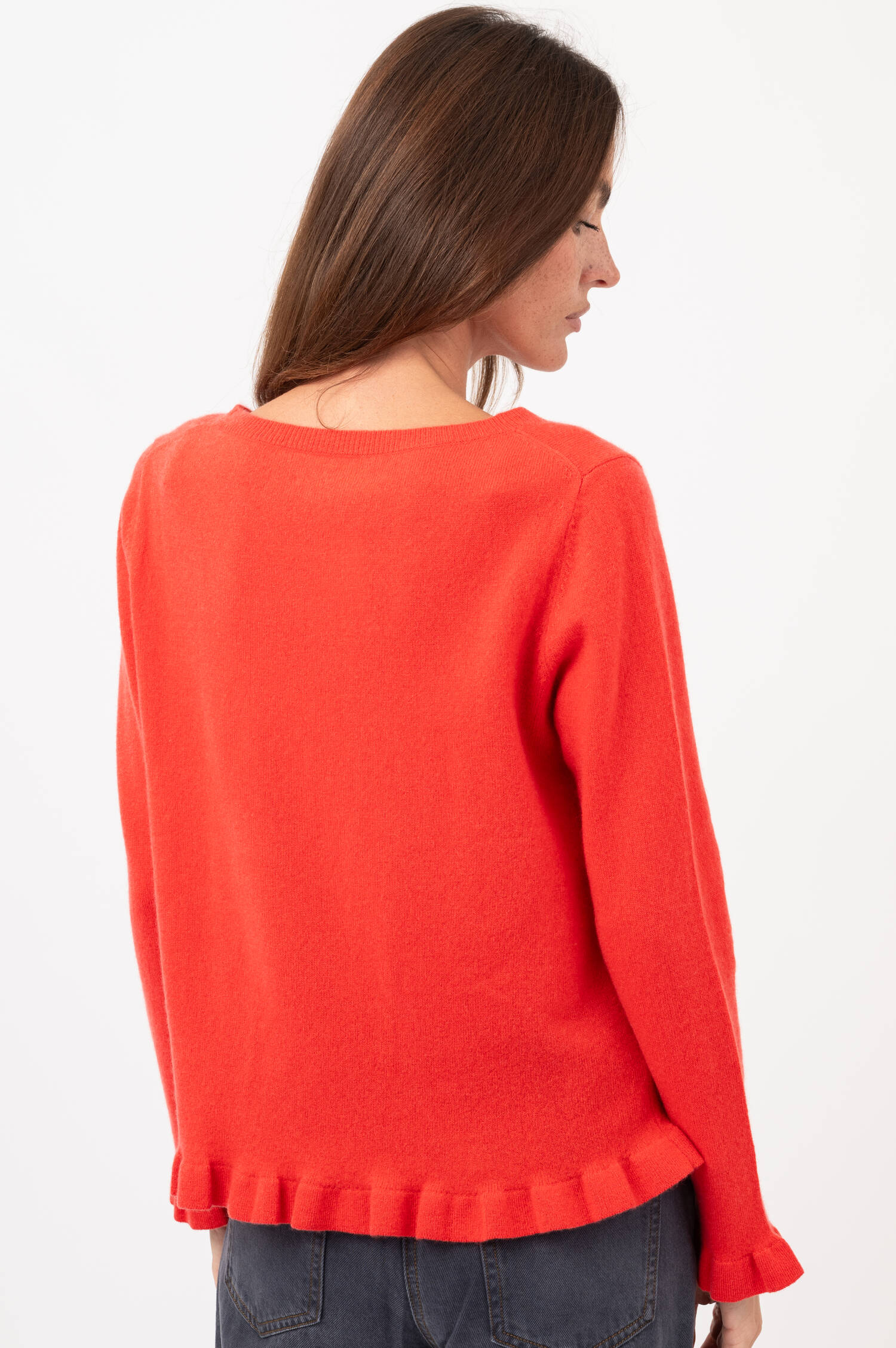 Cashmere-Pullover mit Rüschen in Pastellrot Cashmere-Pullover mit Rüschen in Pastellrot