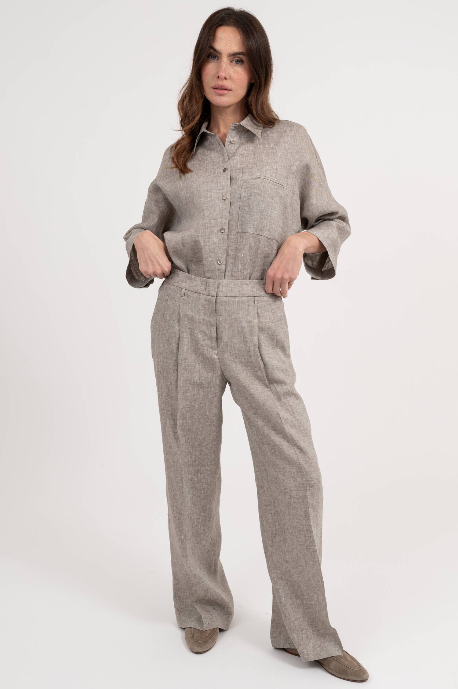 Hose mit weitem Bein in Taupe meliert