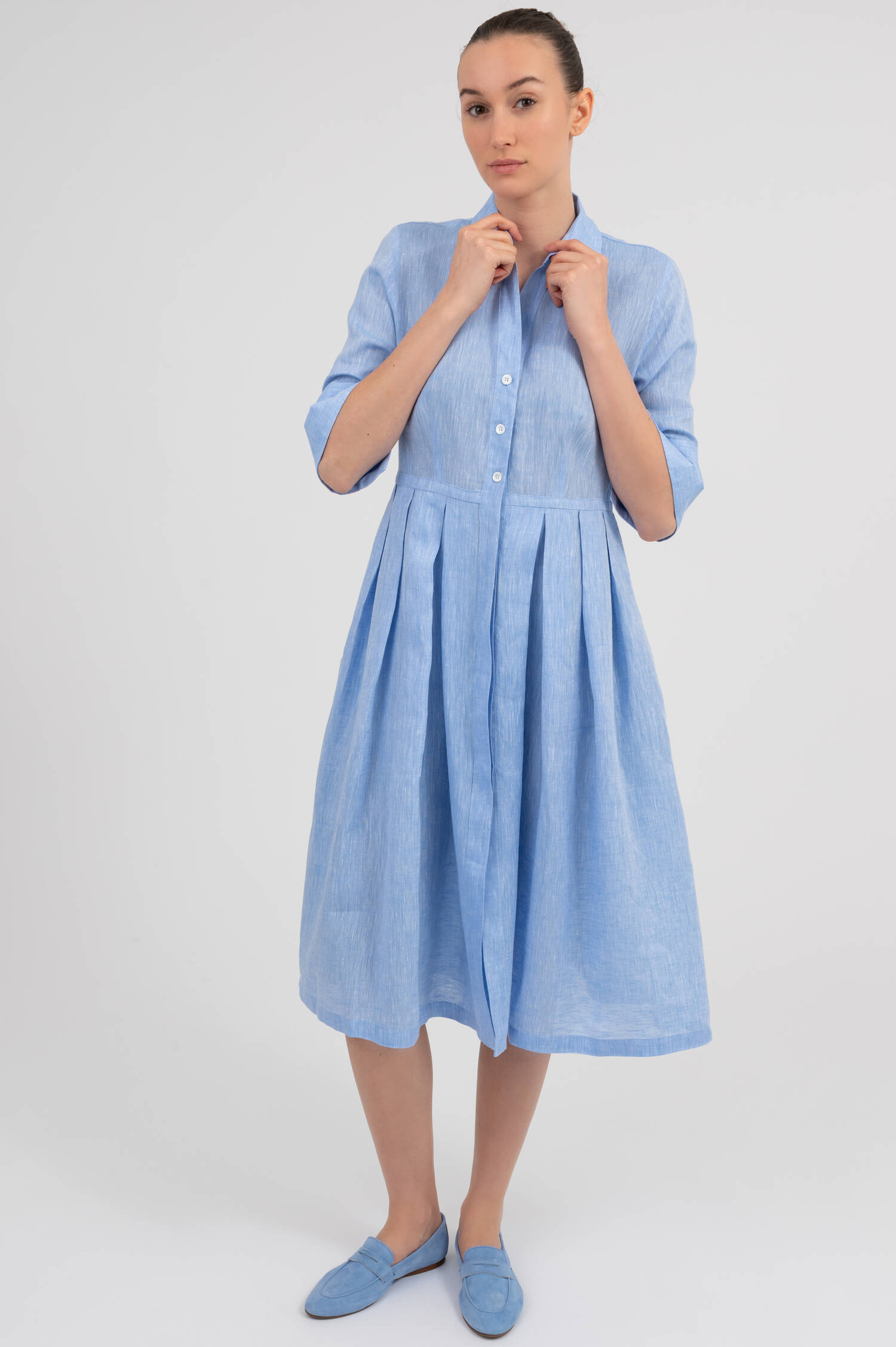 Leinenblusenkleid AISHA mit Bundfalten in Hellblau