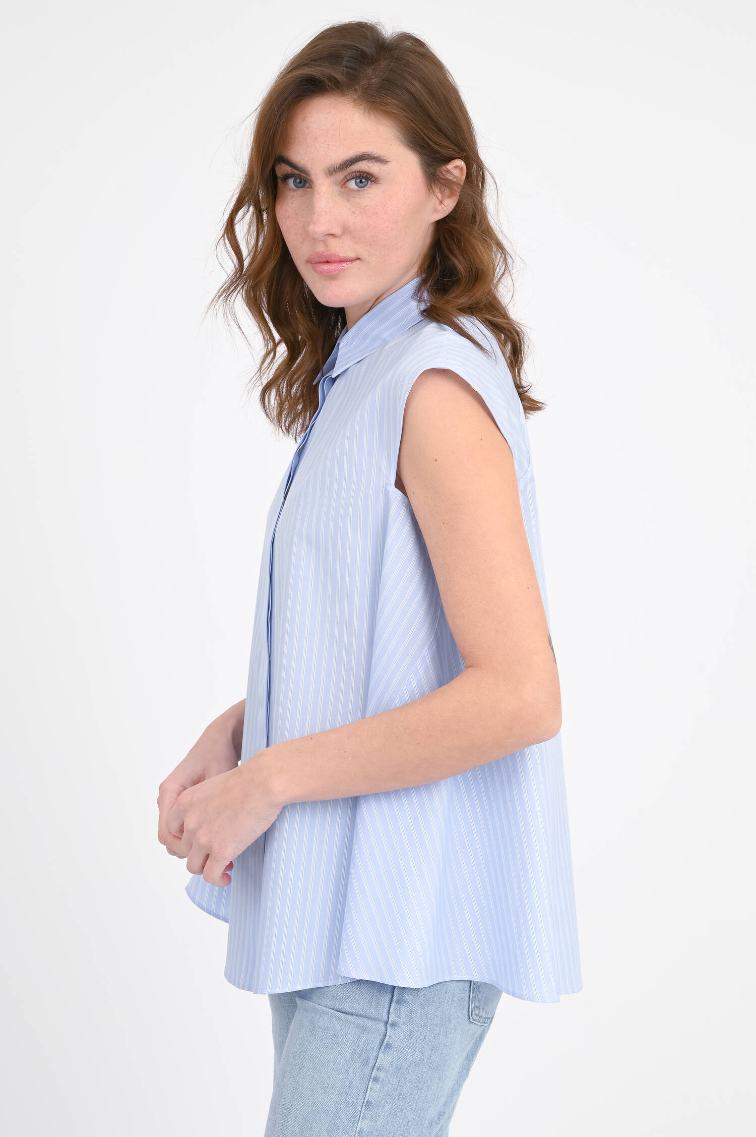 Kurzarm Bluse in Blau/Weiß gestreift