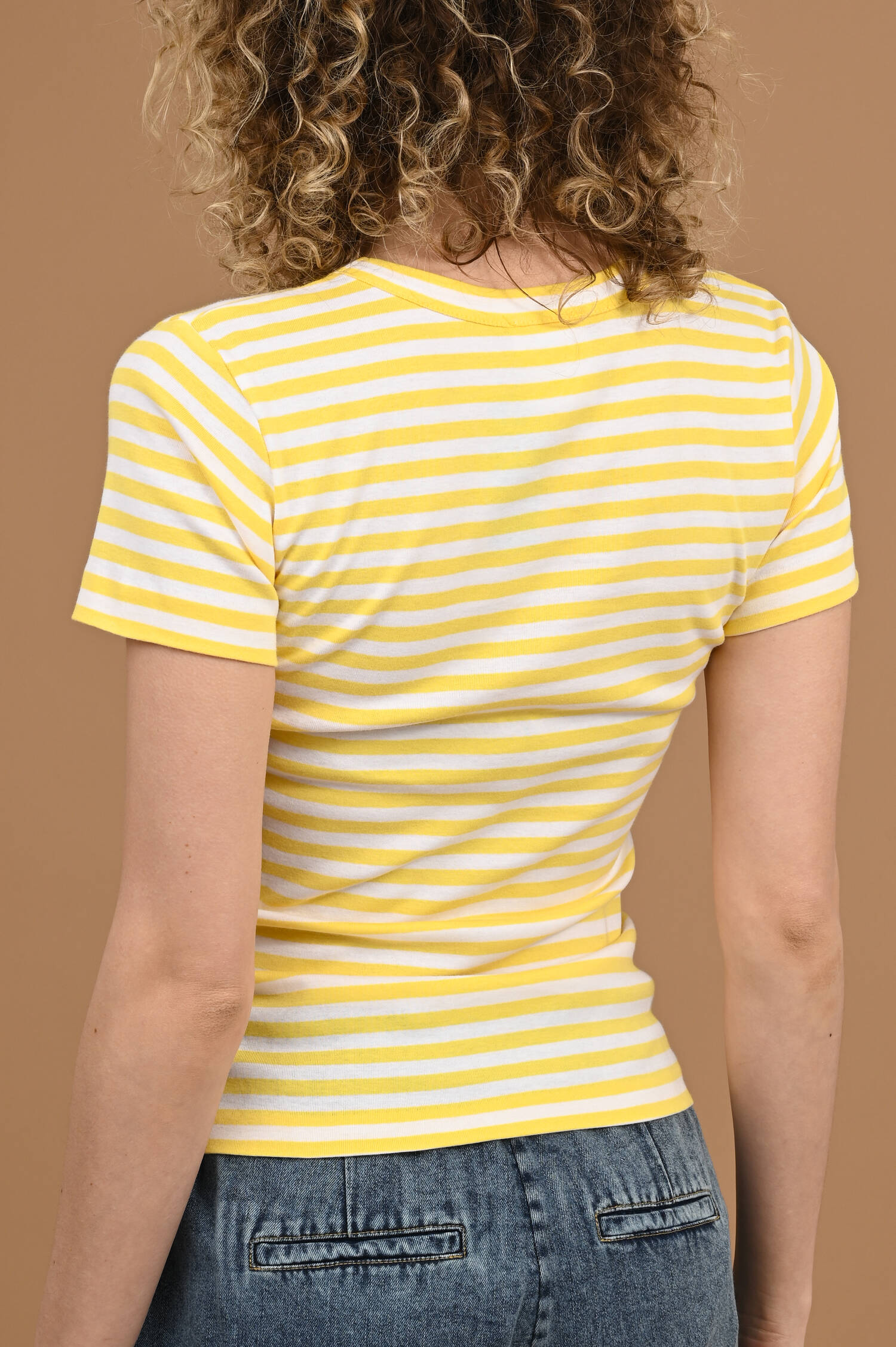 Streifen T-Shirt mit Froschaufstick in Gelb/Weiß