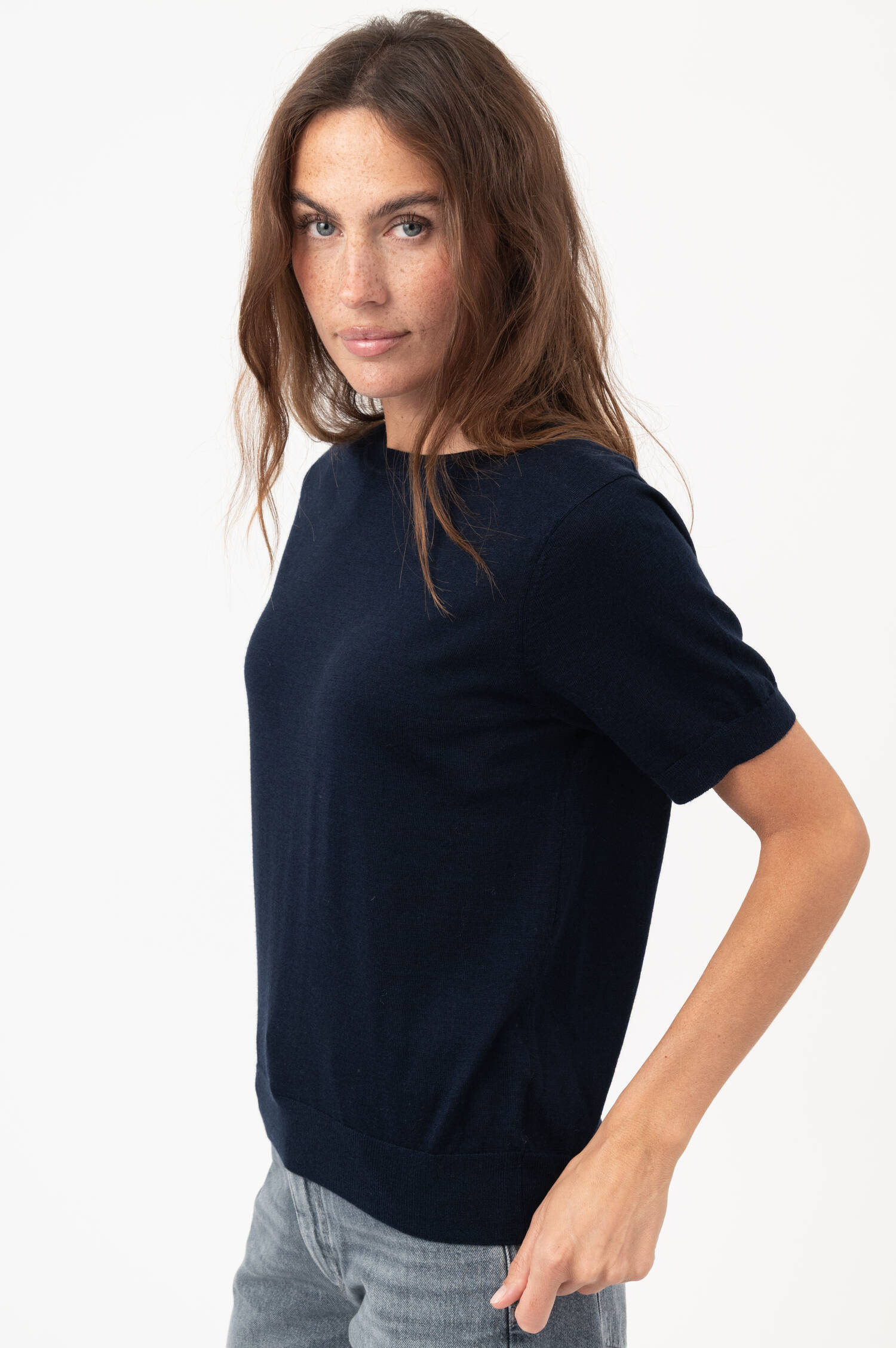 Kurzarm-Woll-Pullover in Navy