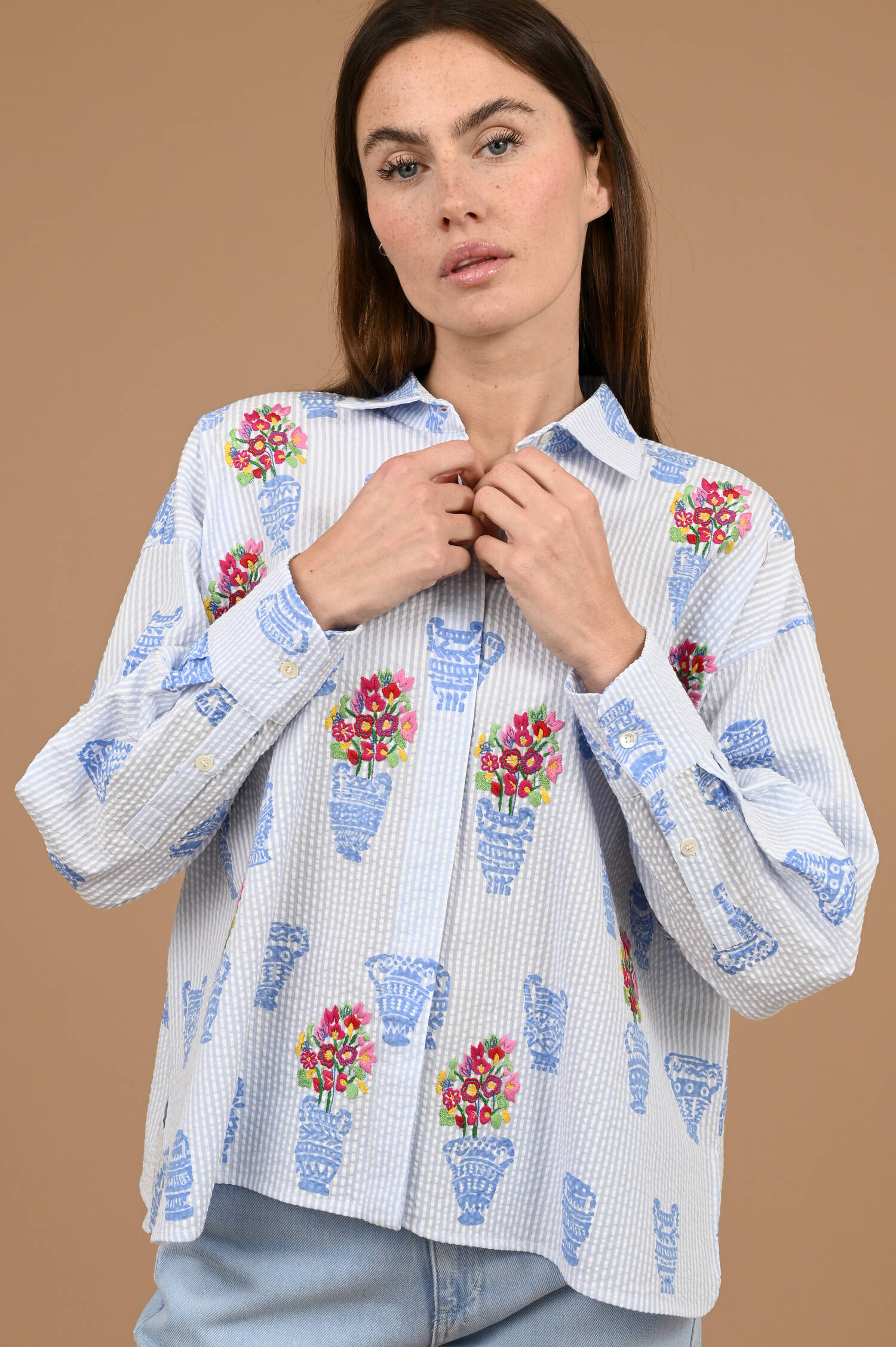 Strukturierte Bluse GRETA in Blau/Weiß