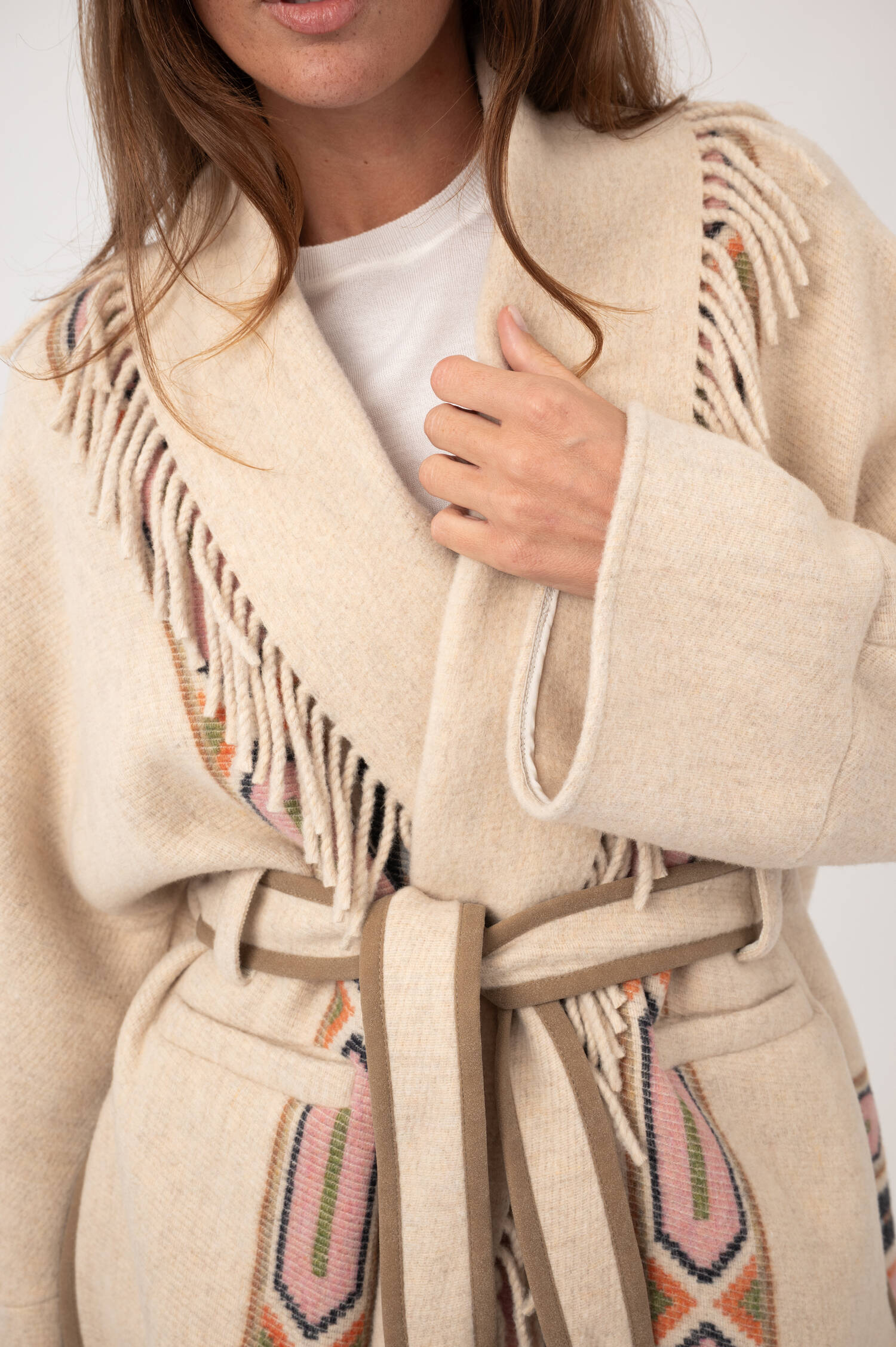 Woll-Mix-Ethno-Mantel mit Fransen in Beige