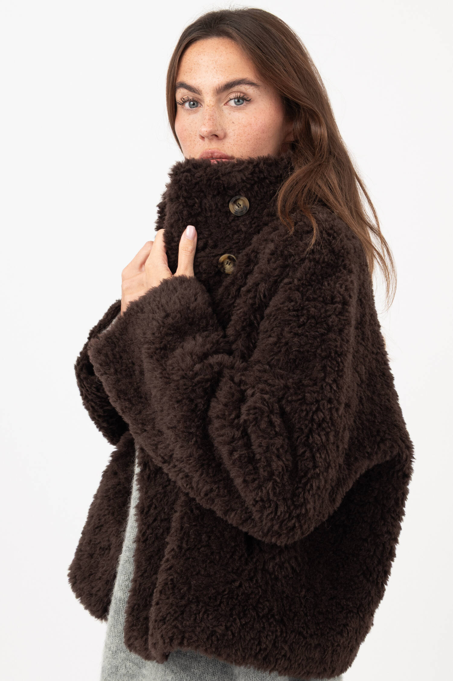 Woll-Mix-Teddyjacke in Dunkelbraun