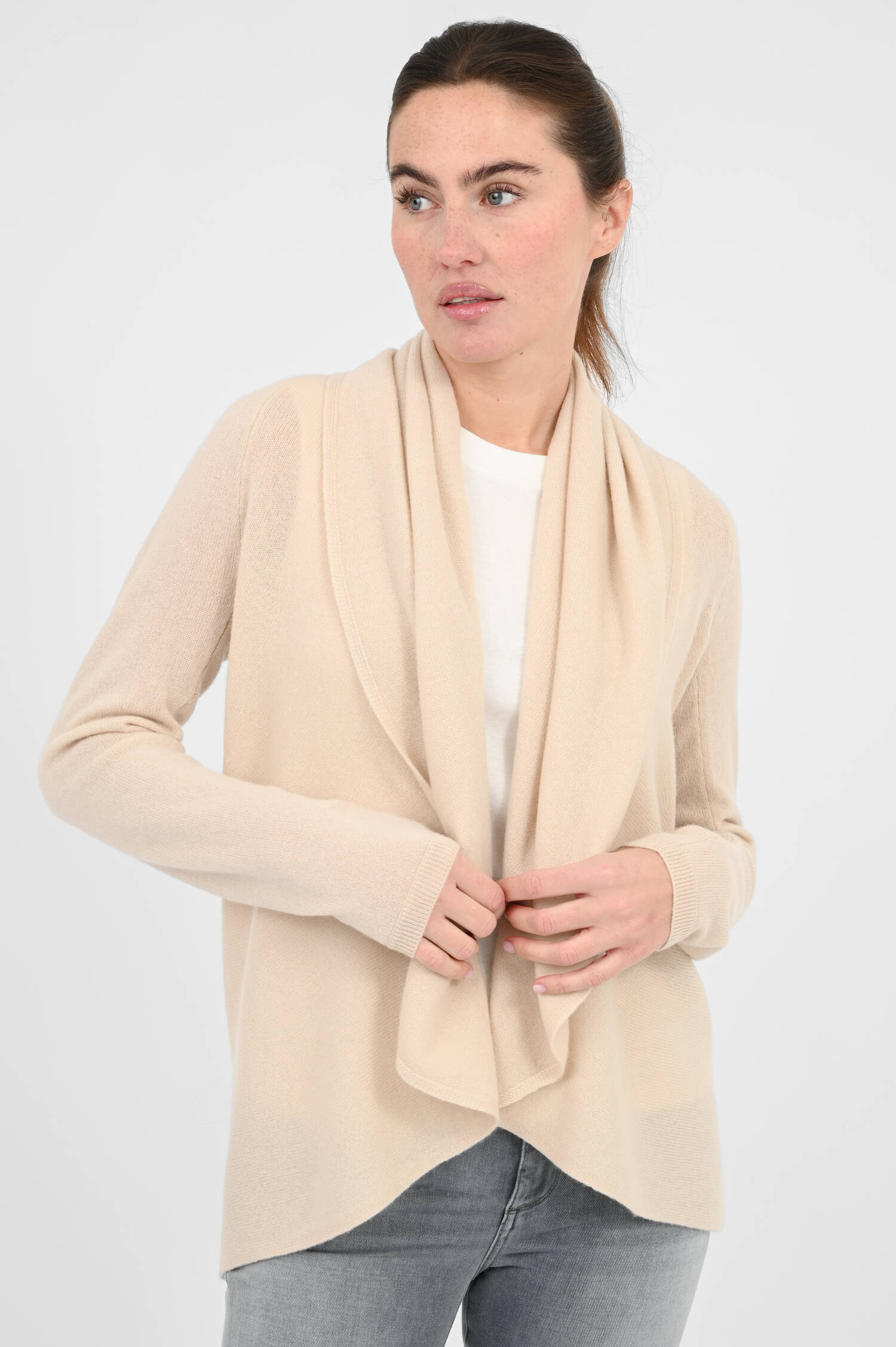 Cashmere-Strickjacke mit Schalkragen in Natur