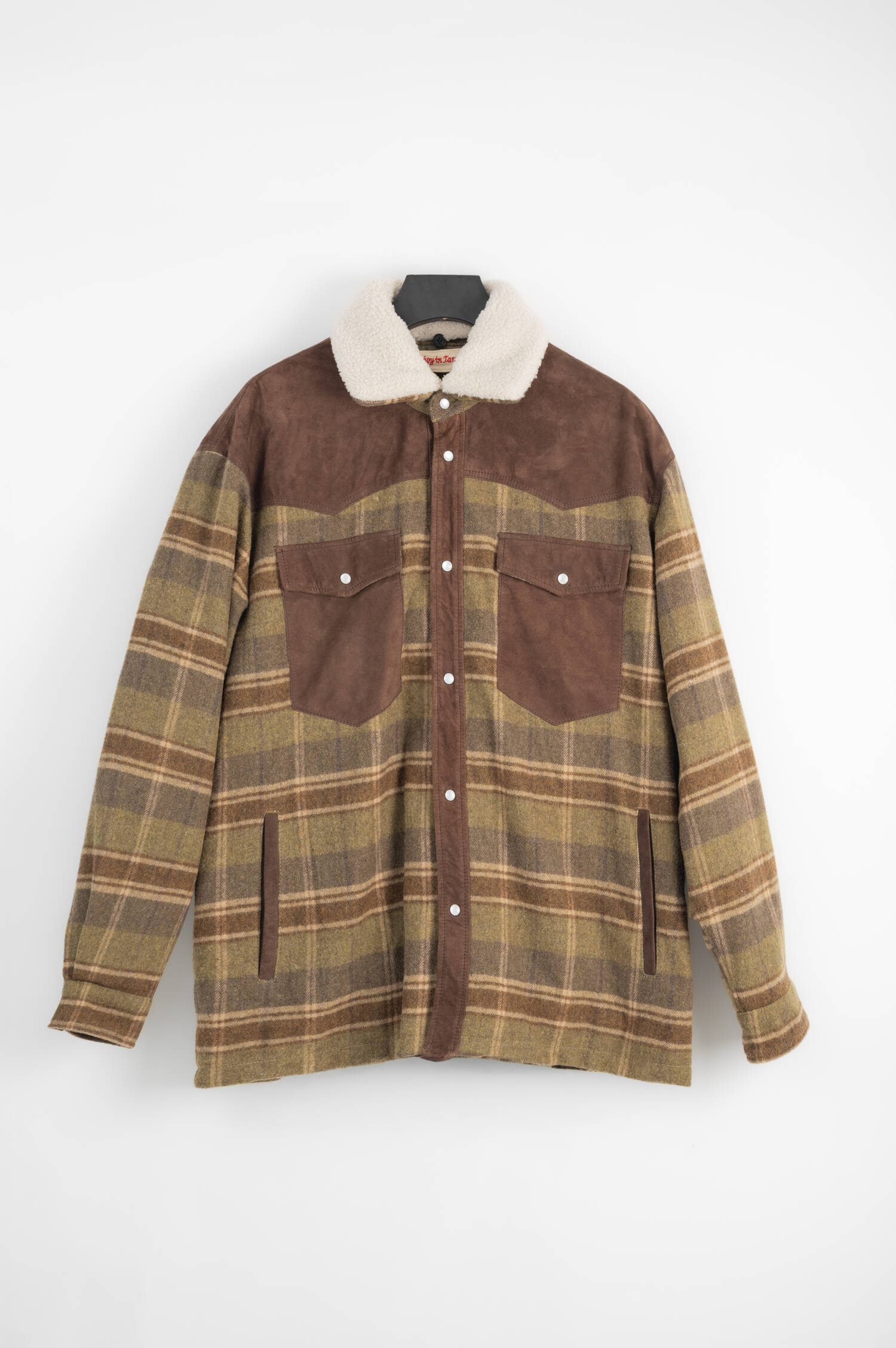 Teddy-Flanell-Veloursleder-Jacke in Oliv