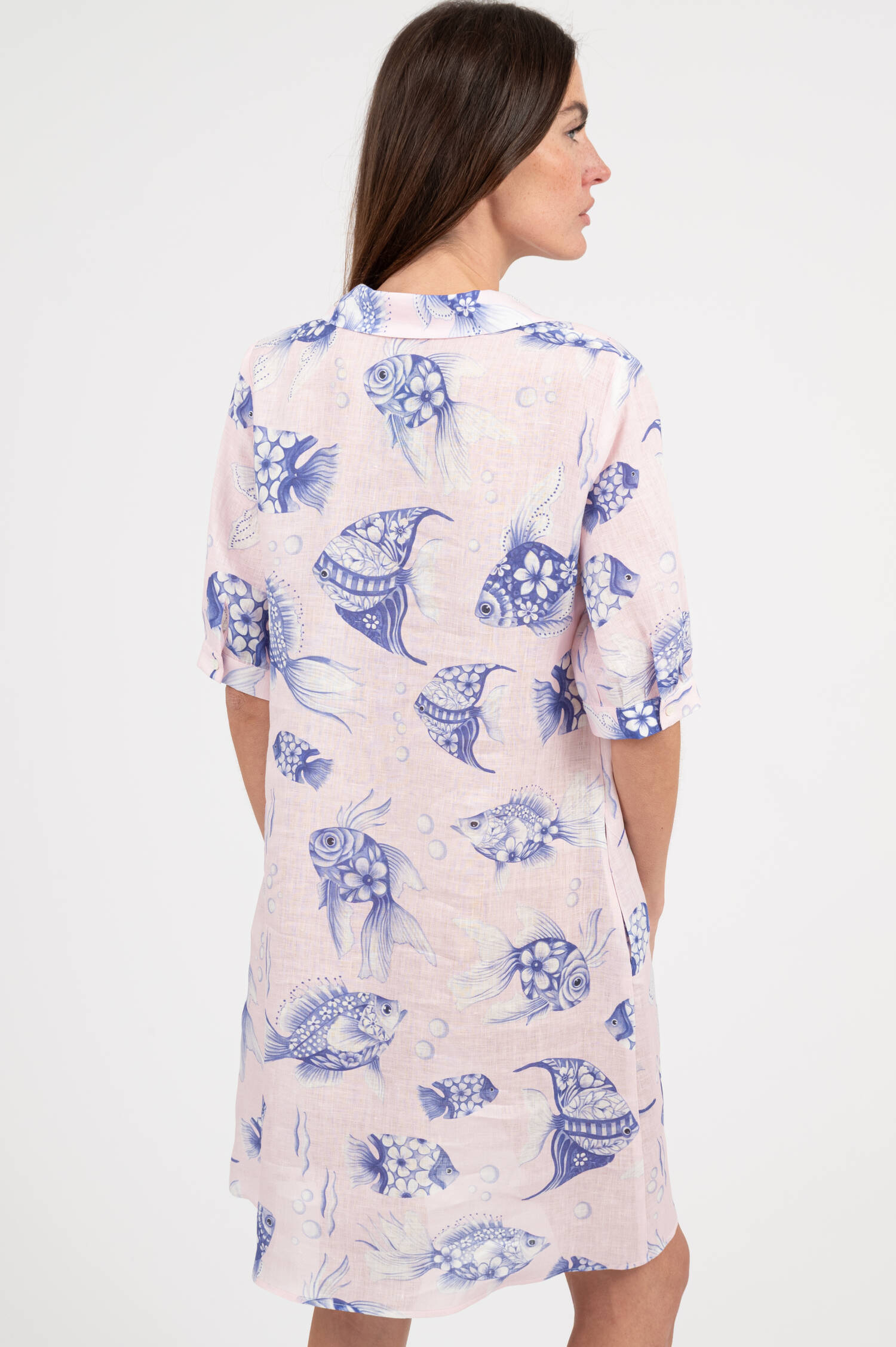 Leinenkleid mit Fisch-Print in Rosa