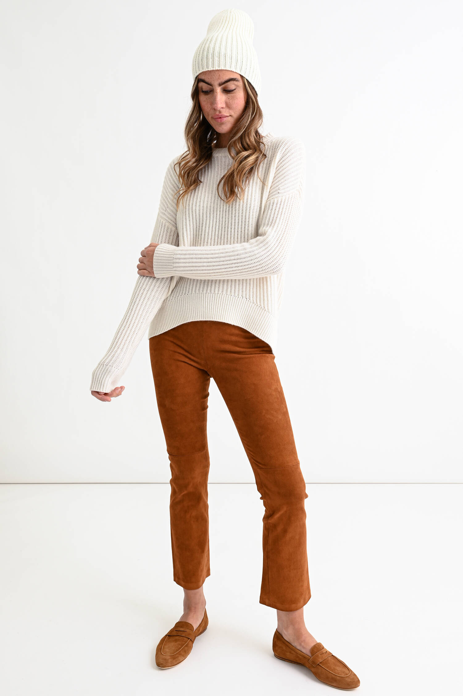 Rippstrick-Mütze aus Cashmere in Natur