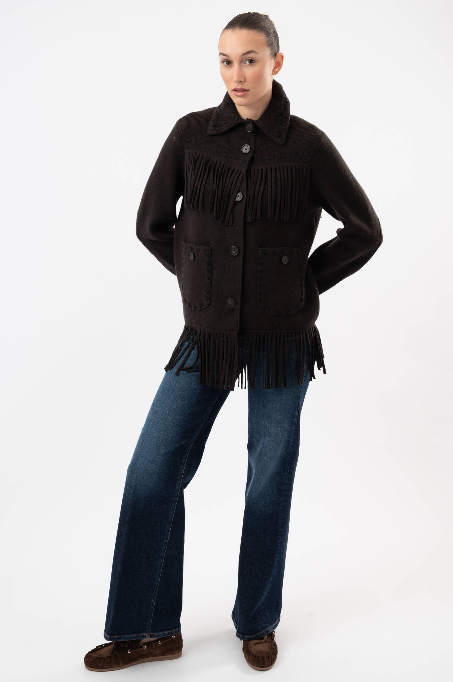 Cashmere-Woll-Western-Fransenjacke in Dunkelbraun Cashmere-Woll-Western-Fransenjacke in Dunkelbraun