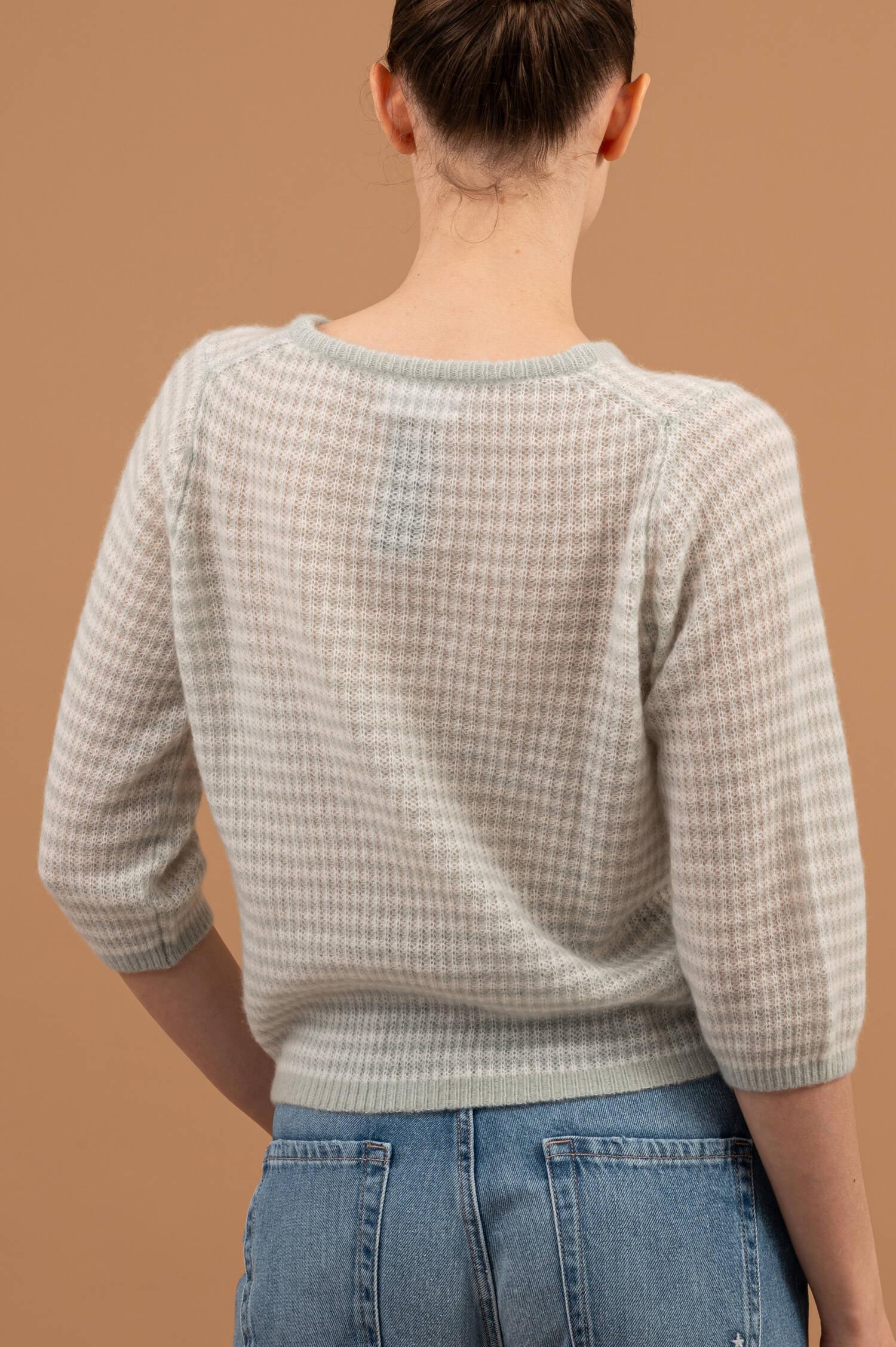 Feinstrick Pullover in Salbeigrün/Weiß gestreift