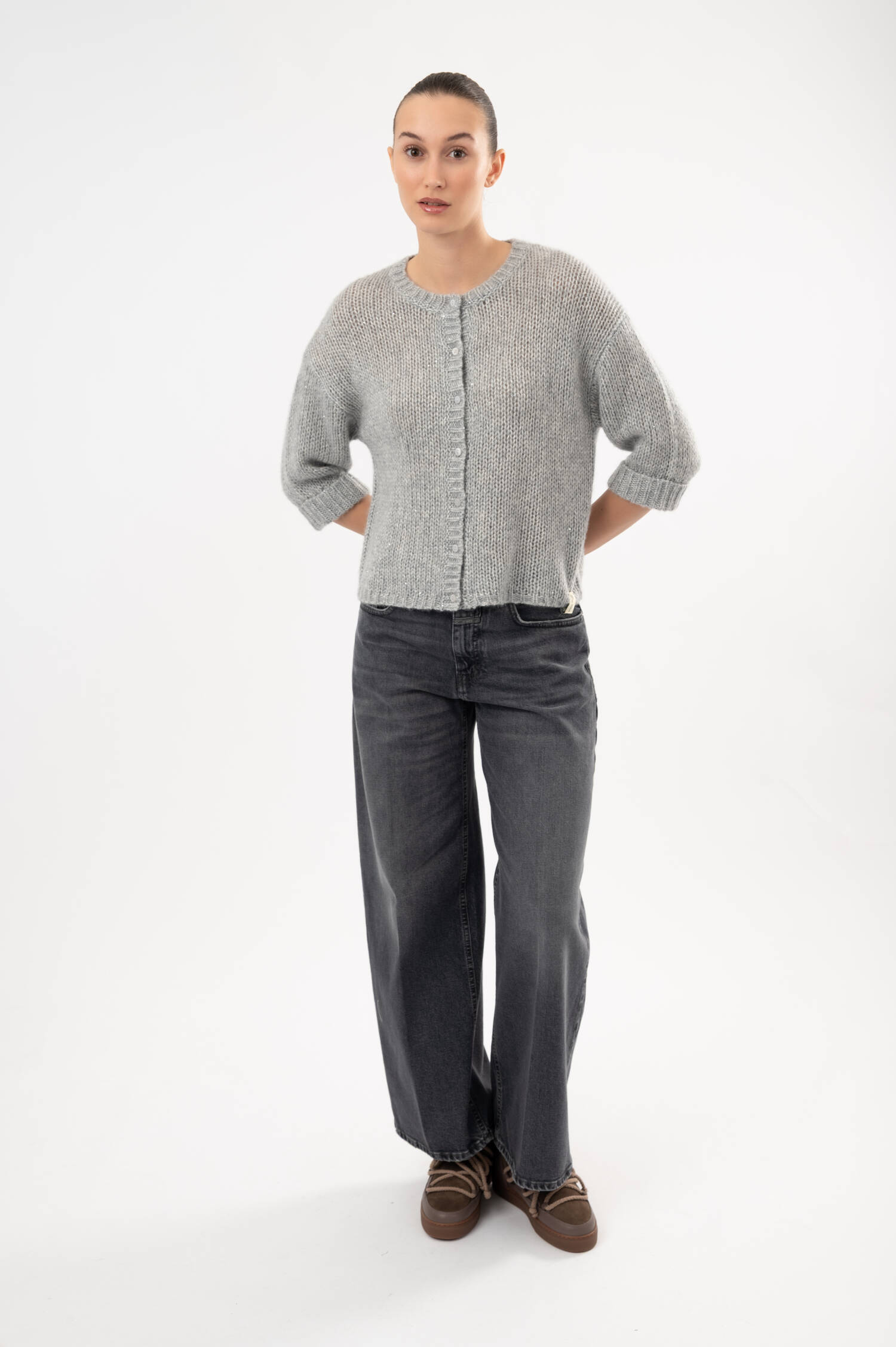 Cashmere-Seiden-Cardigan mit Pailletten in Grau