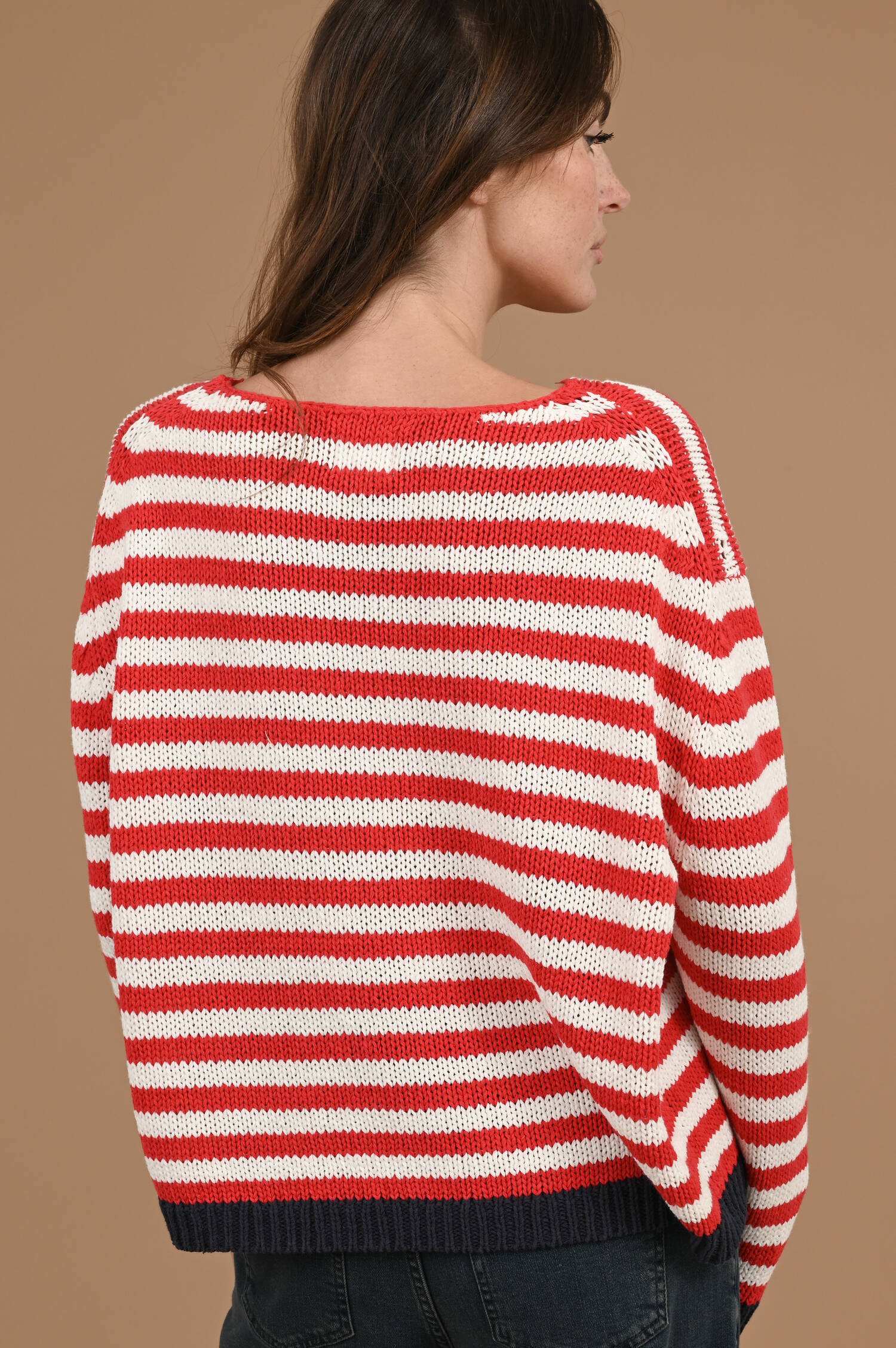 Grobstrick Sweater in Rot/Ecru gestreift