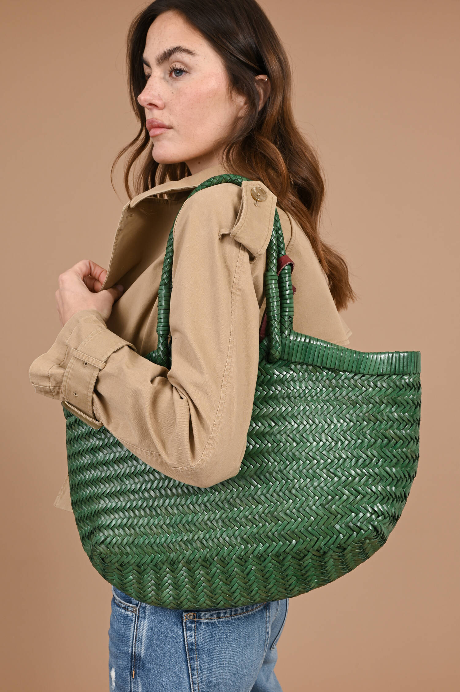 Leder Flecht Tote Bag CRUDELIA in Sagegrün