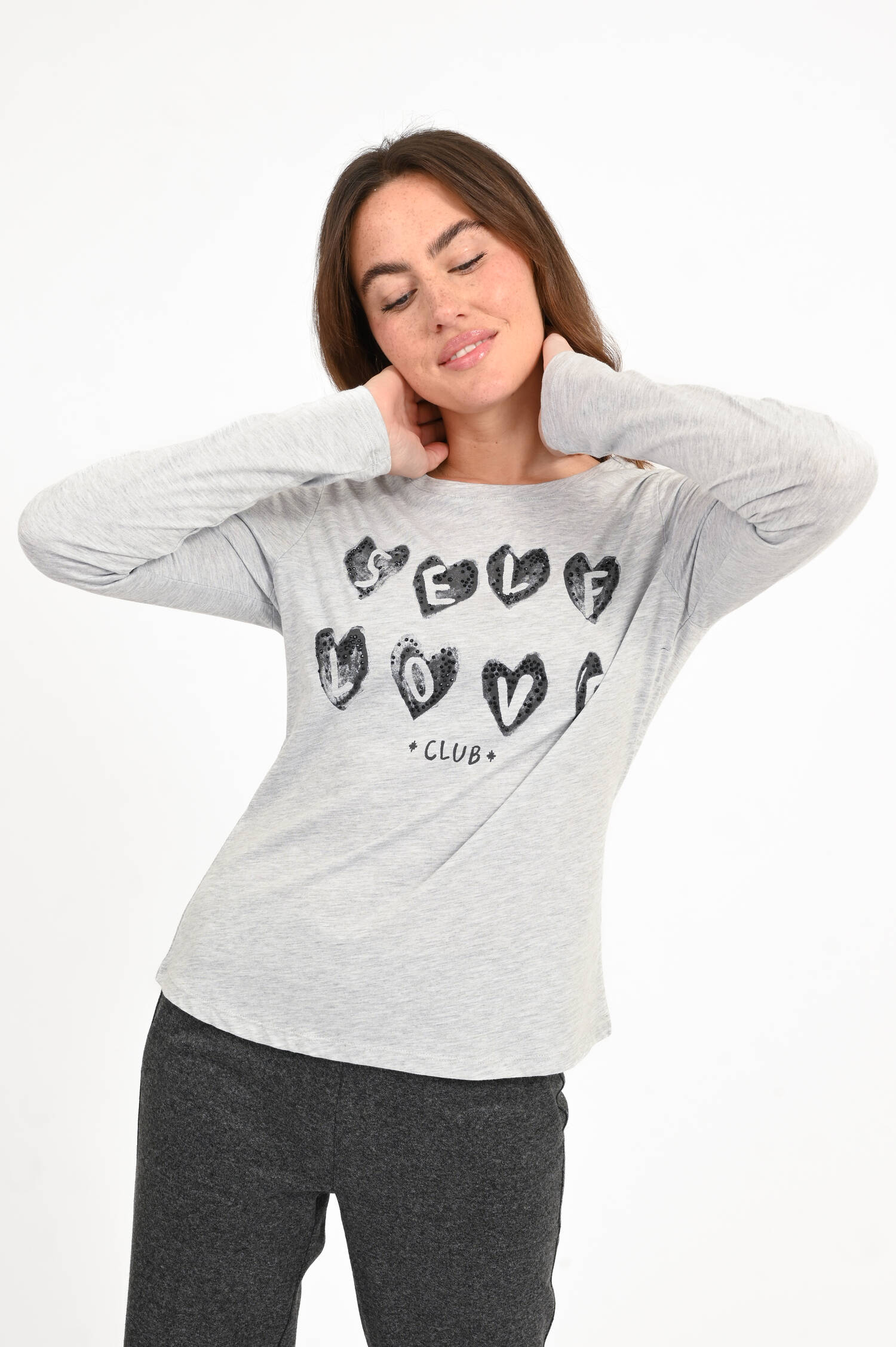 Langarmshirt SELF LOVE CLUB in Grey meliert