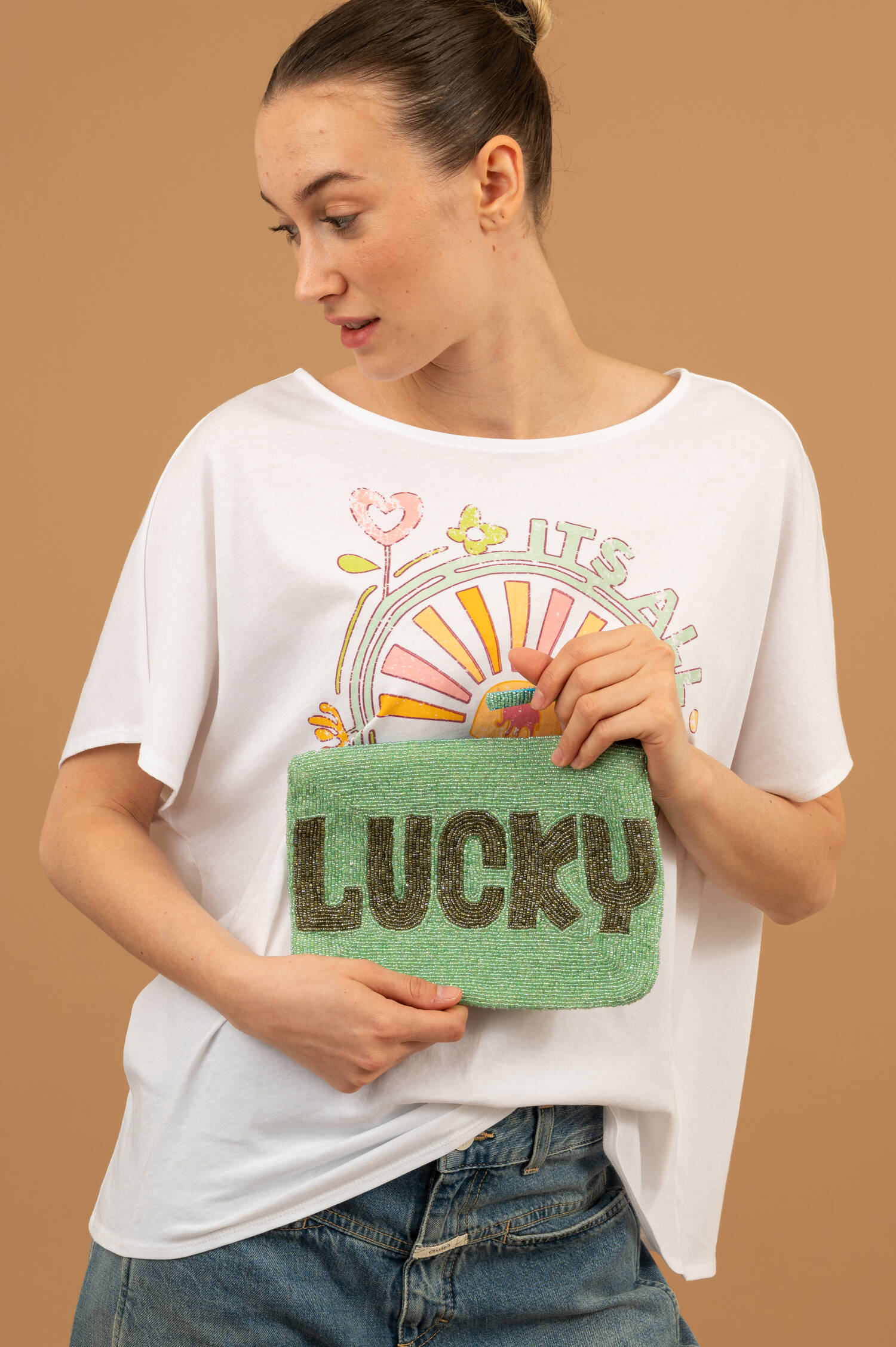 Perlen Clutch LUCKY in Türkis/Oliv