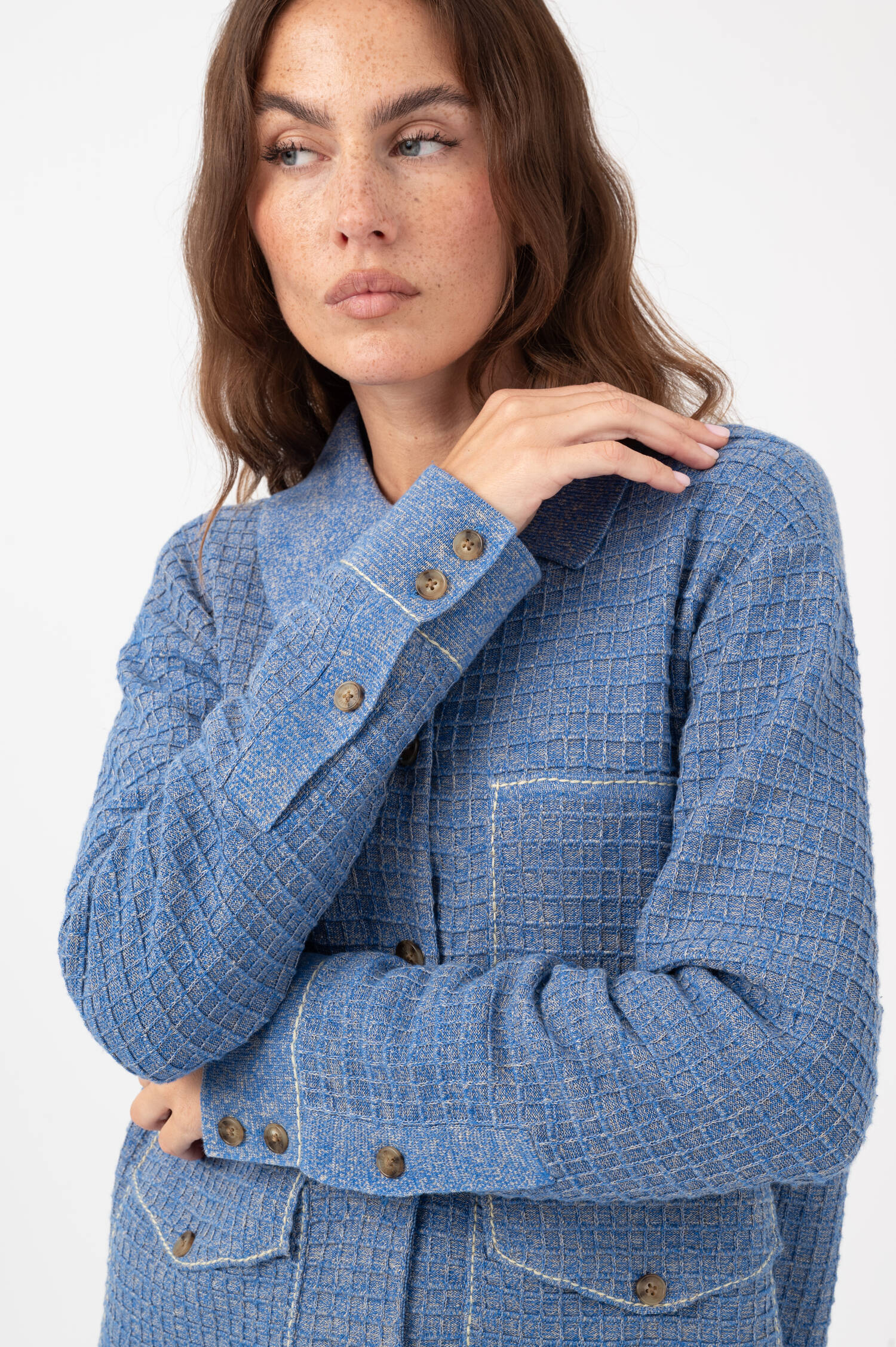 Waffelstrick Bluse in Blau/Gelb Waffelstrick Bluse in Blau/Gelb