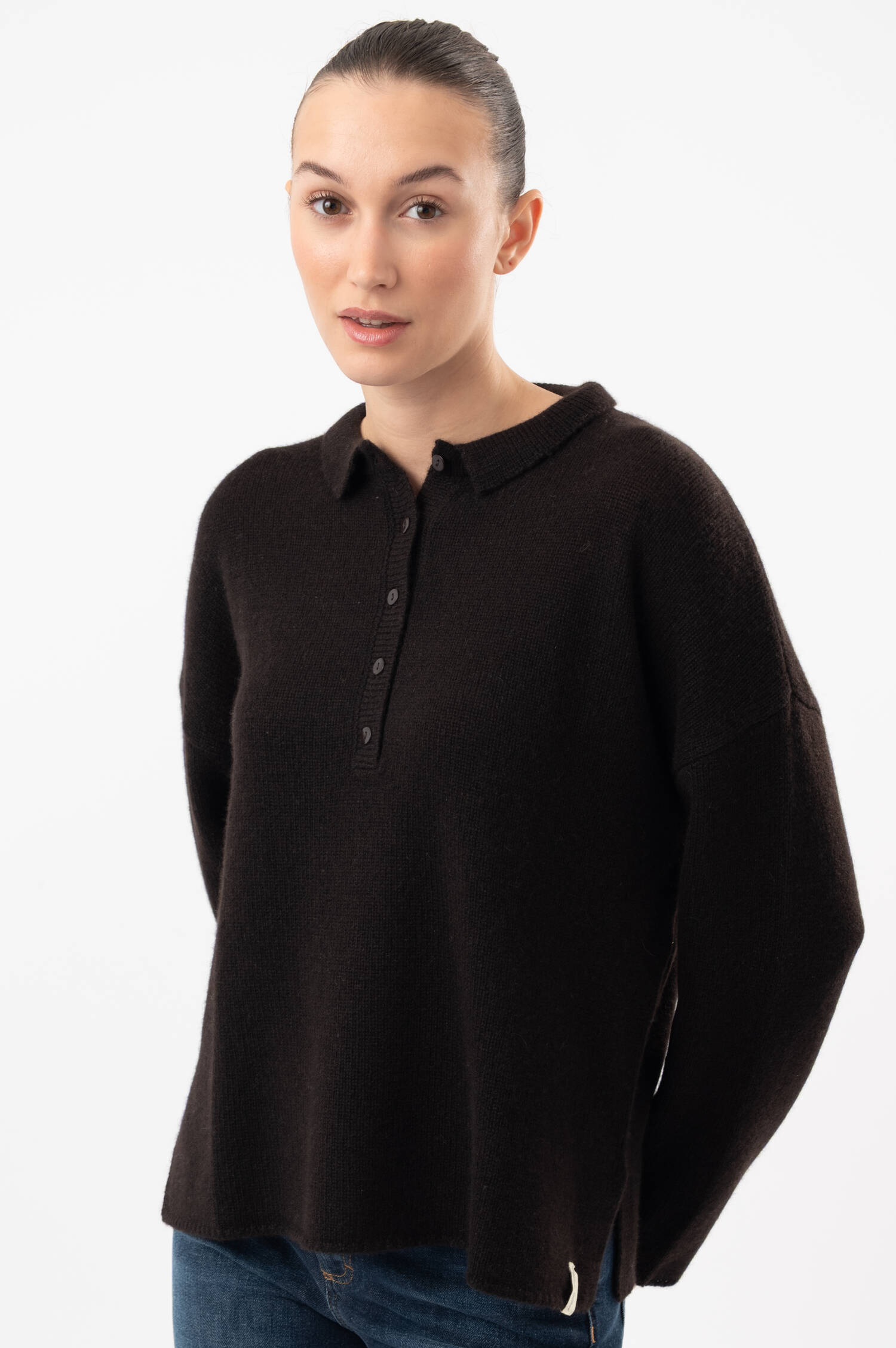 Cashmere-Polo-Pullover in Dunkelbraun