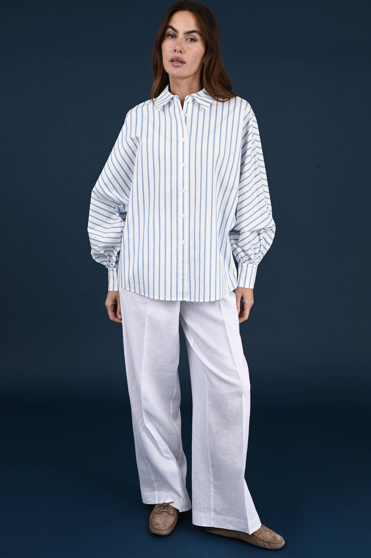 Streifenbluse mit Dolmanärmel in Blau/Weiß