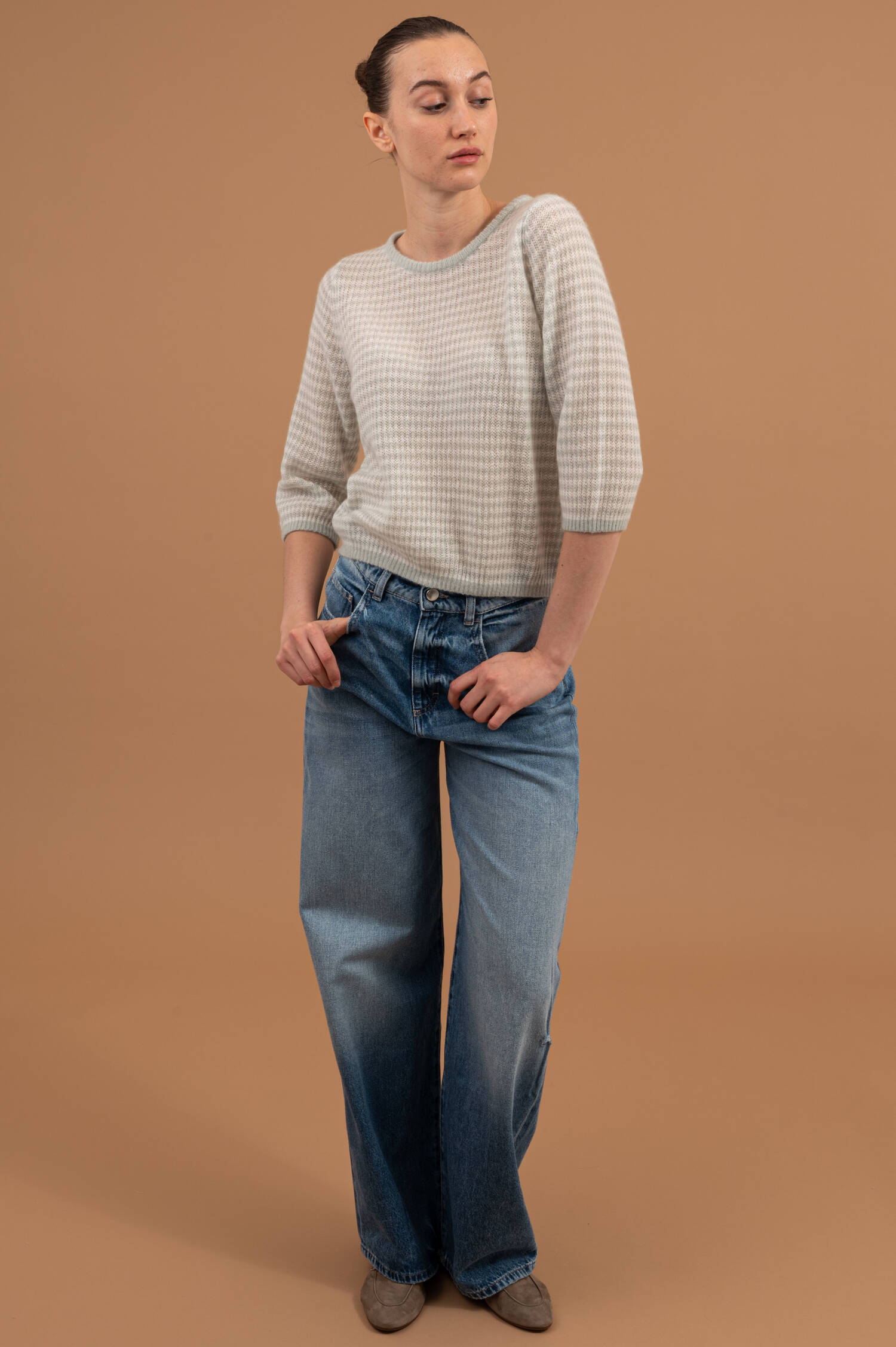 Feinstrick Pullover in Salbeigrün/Weiß gestreift