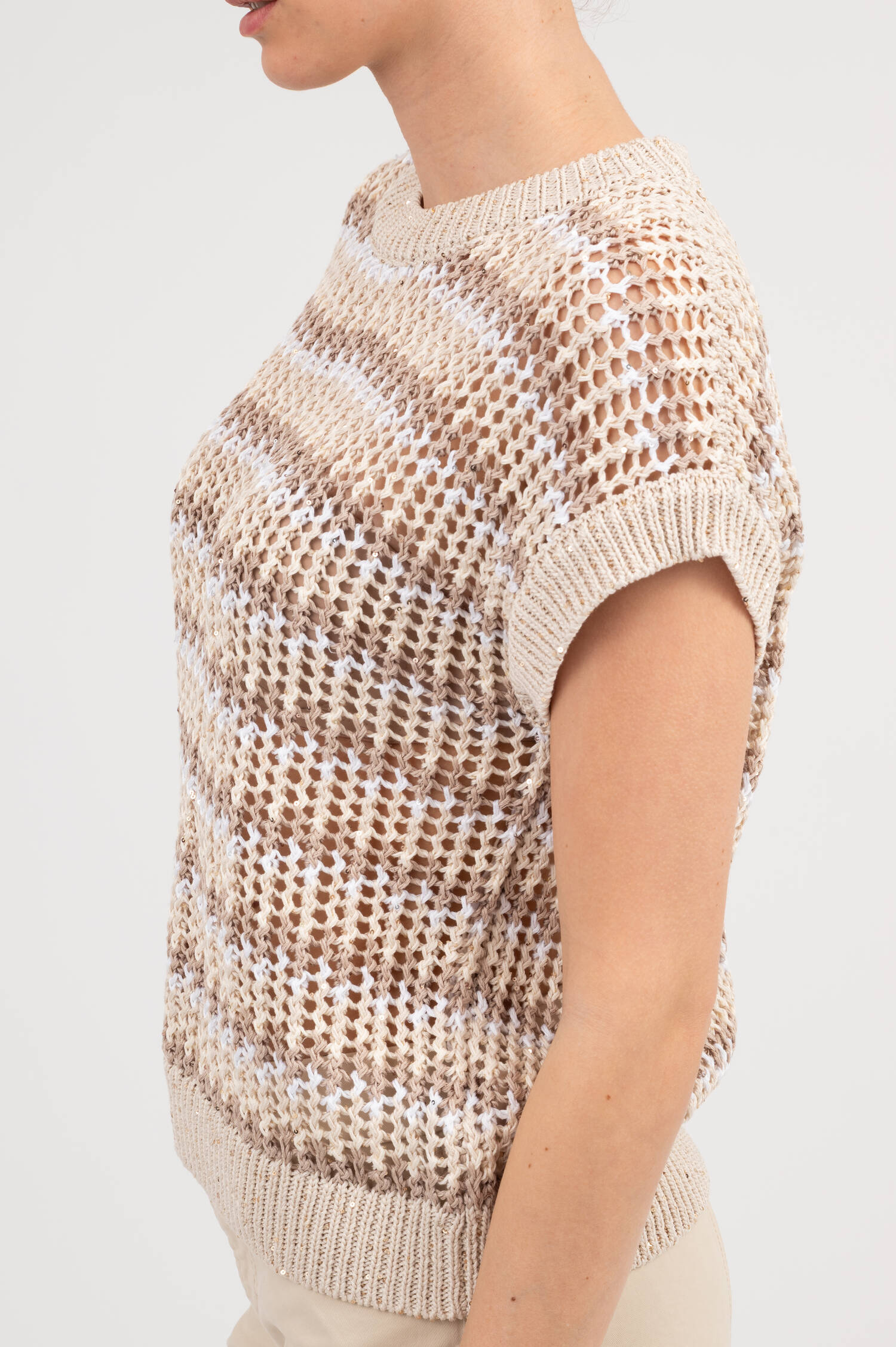 Lochstrick Pullover mit Pailletten in Beige