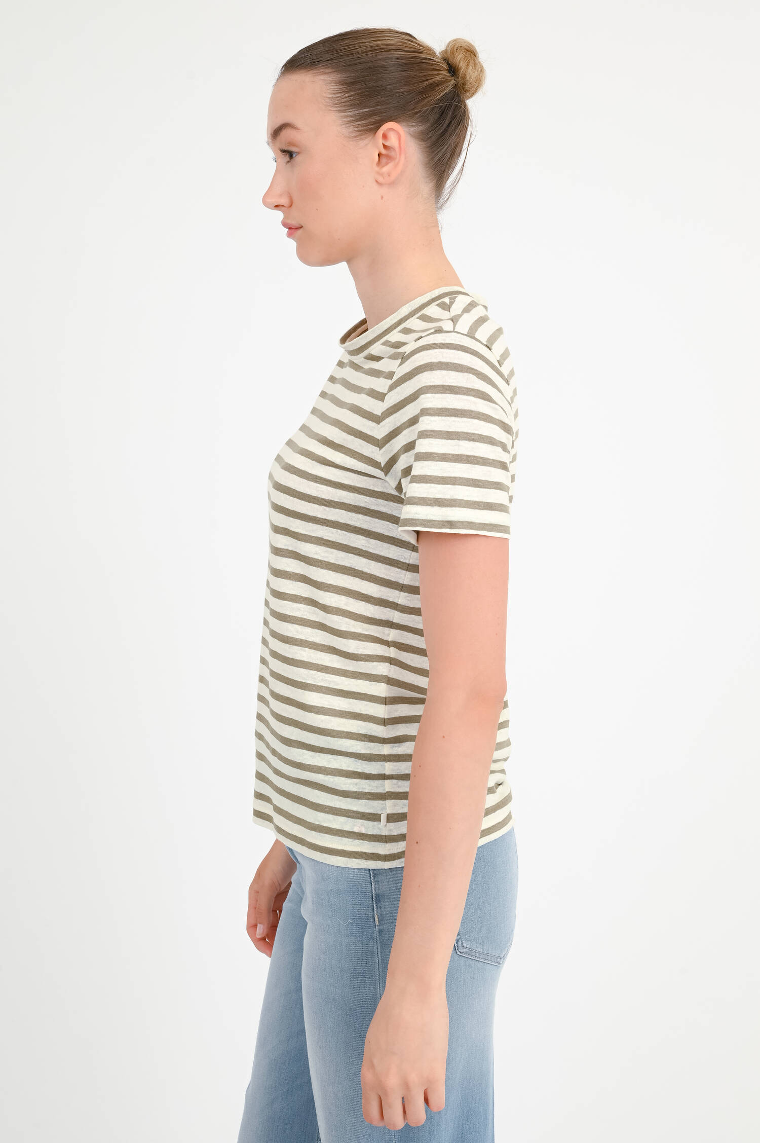 Gestreiftes Leinen-Shirt in Khaki/Weiß