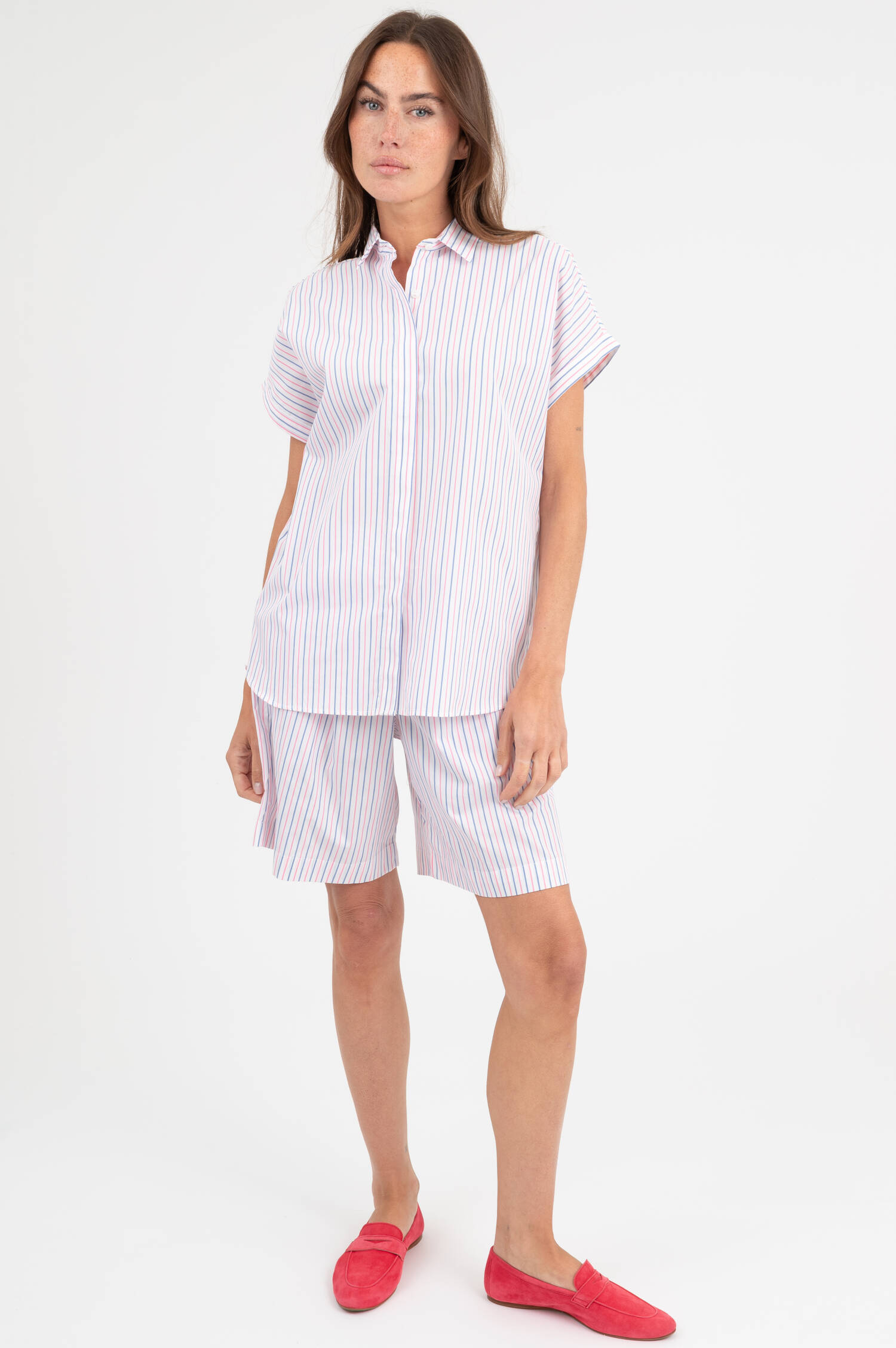 Popeline Bluse in Pink/Blau/Weiß gestreift