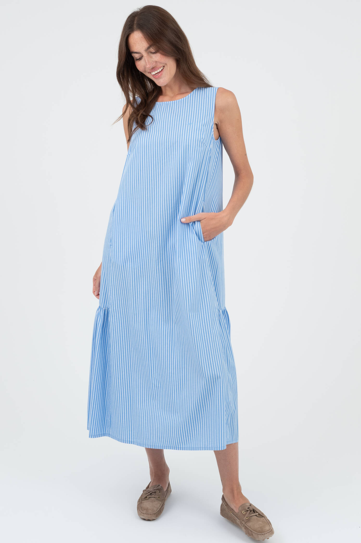 Midi Kleid in Hellblau/Weiß gestreift