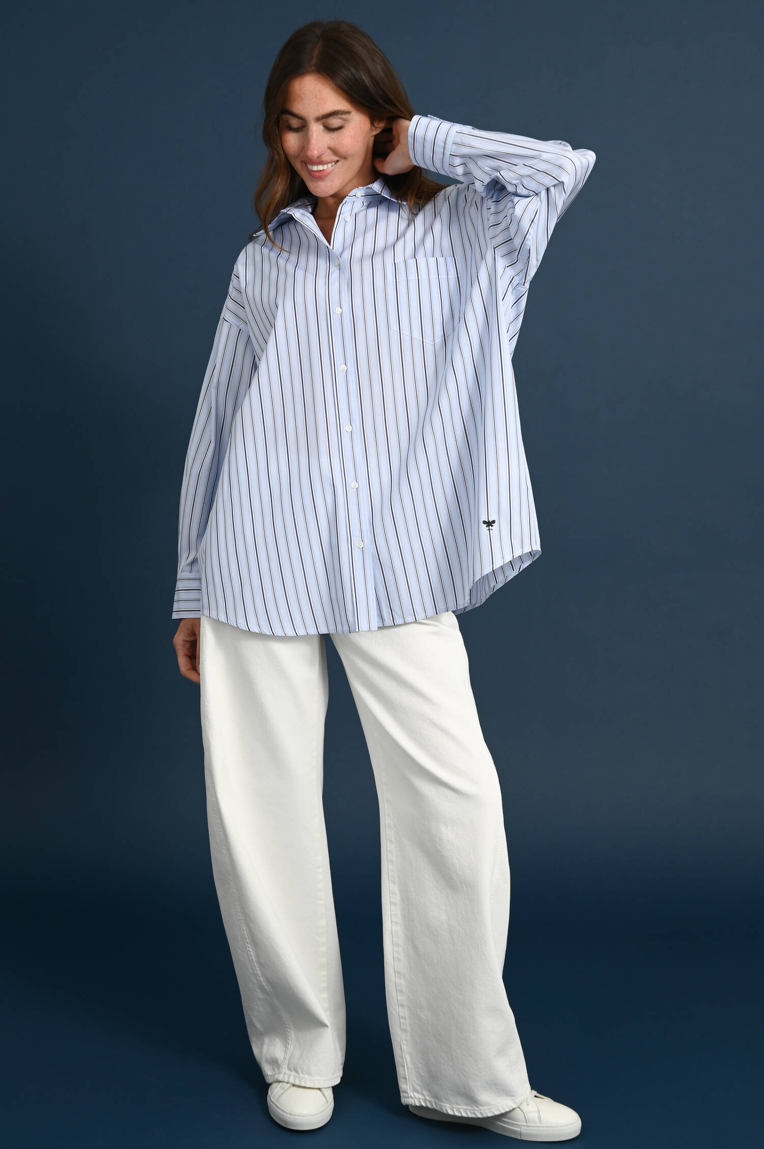 Gestreifte Baumwoll Bluse KASACK in Azurblau/Weiß 