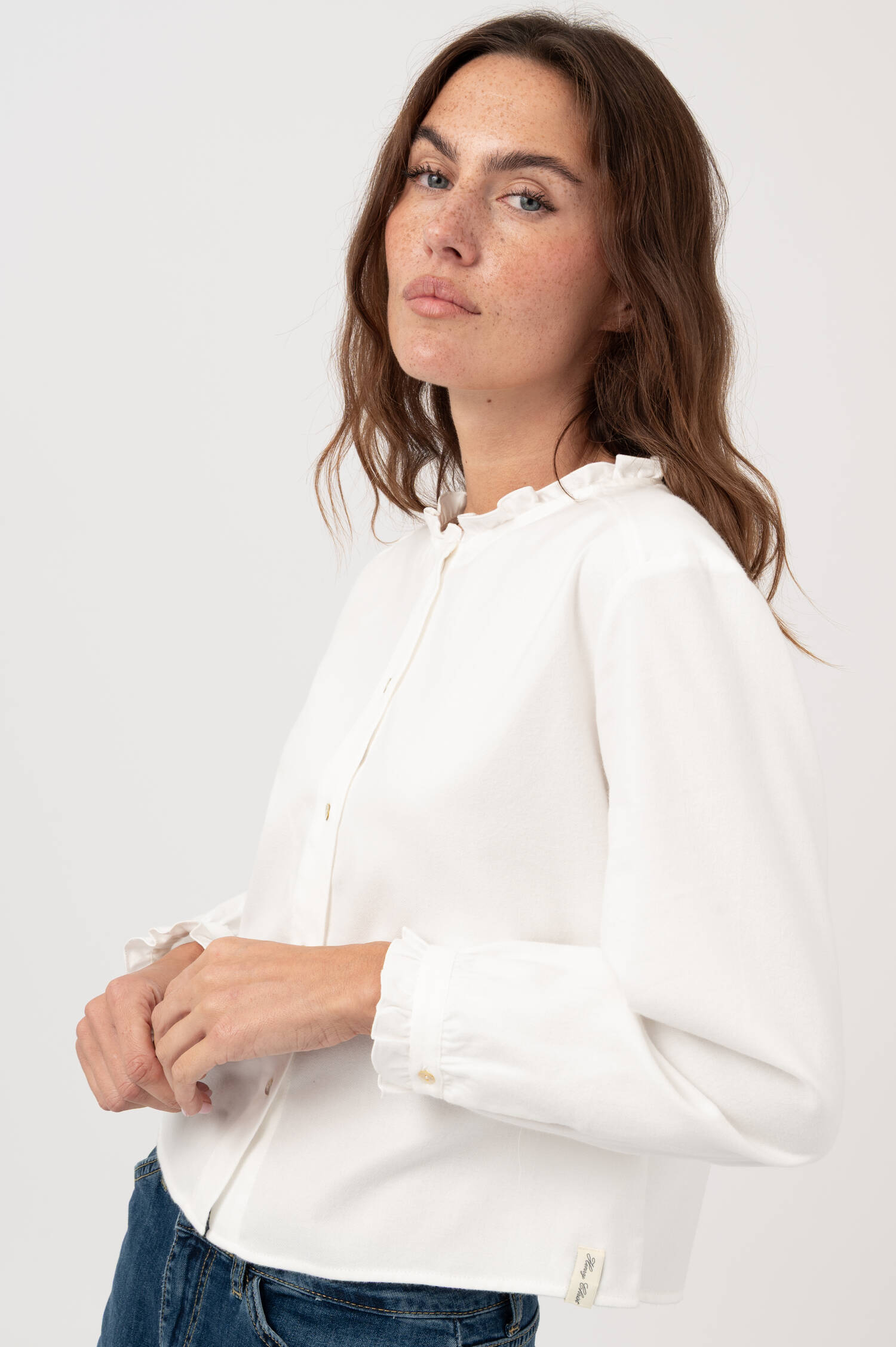 Wellensaum Bluse aus Baumwollflanell in Weiß Wellensaum Bluse aus Baumwollflanell in Weiß