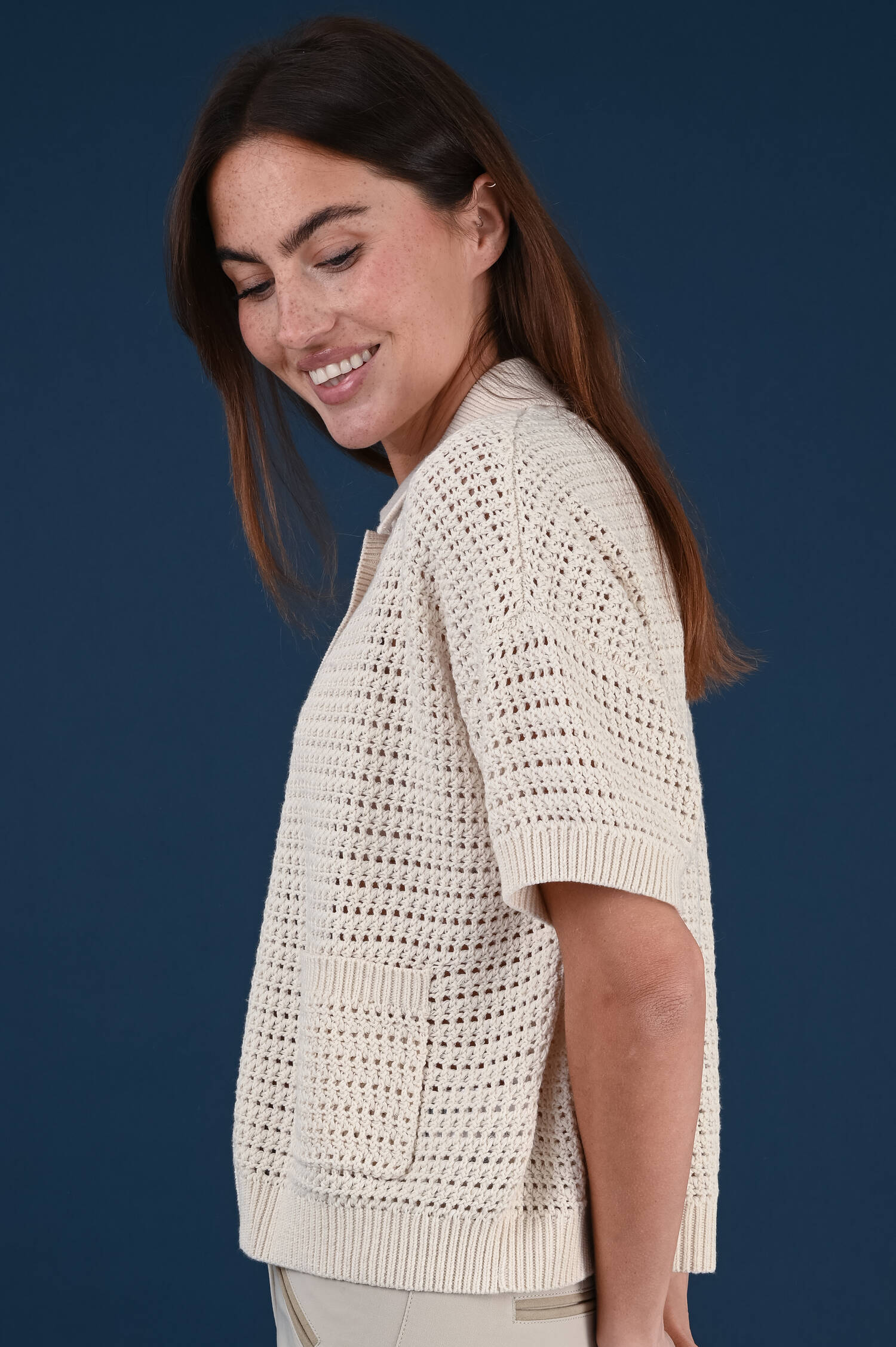 Lochstrickweste mit Kurzarm in Ivorybeige